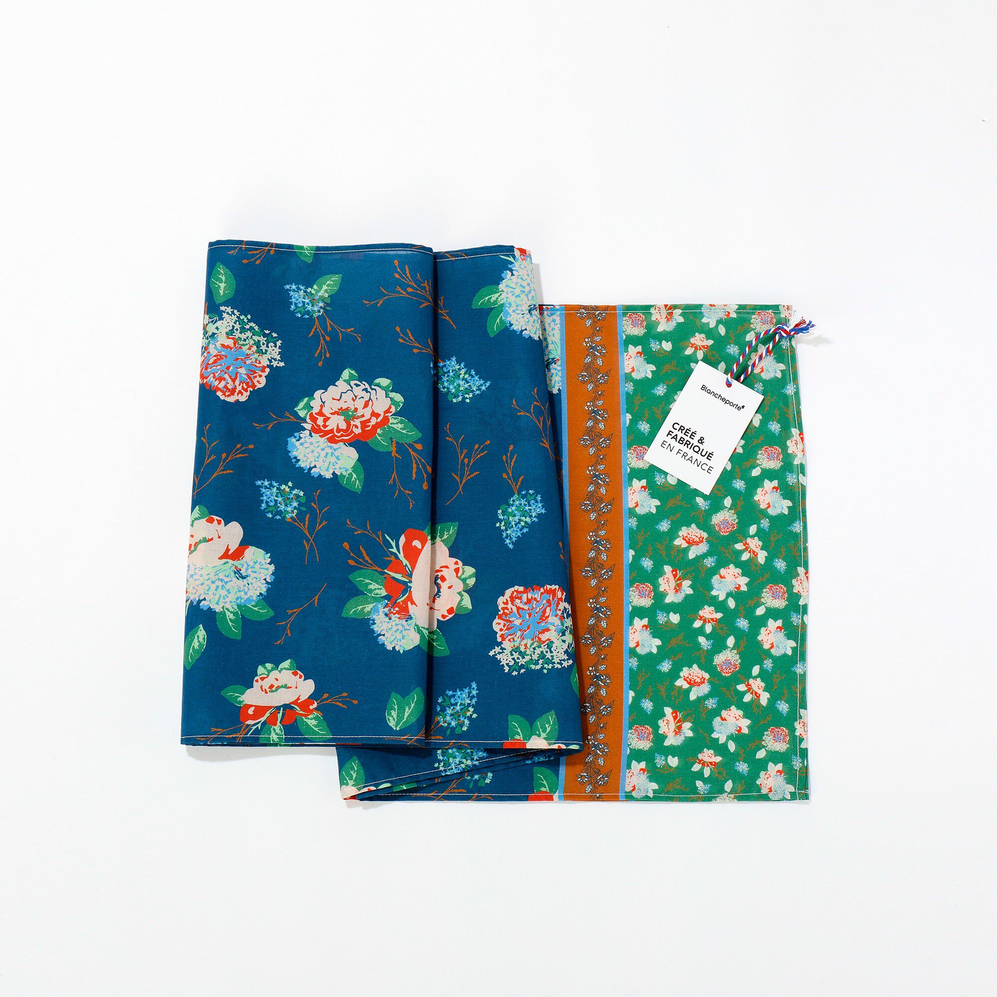 Foulard fabriqué en France imprimé fleurs bleu/vert, 198 x 38 cm