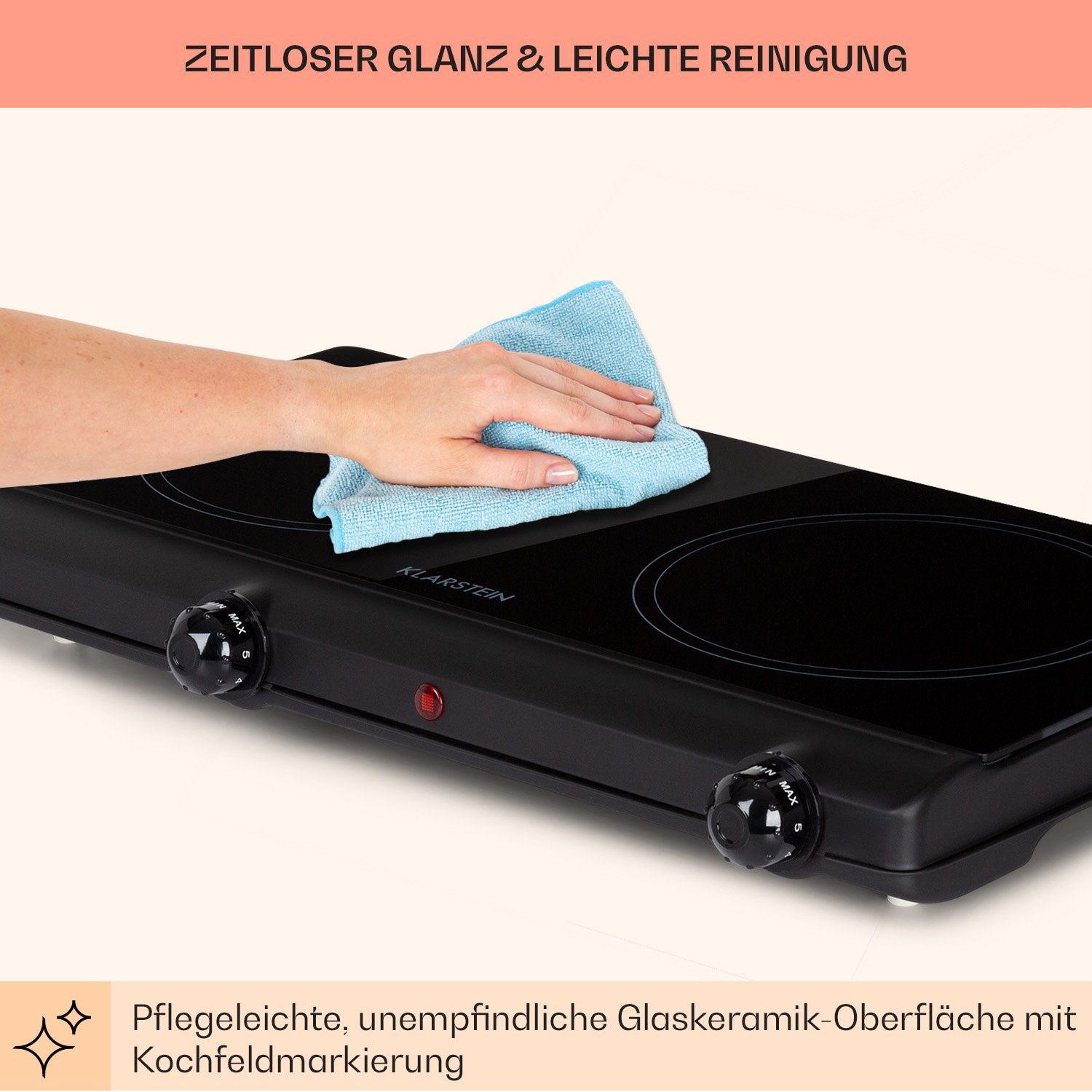 Klarstein Induktions-Kochfeld Cookbuddy Doppel-Kochfeld 2400W 5 Leistungsstufen Glaskeramik CP10-CookBuddy-BK, Kochfeld 2 Zonen Glaskeramik Elektrokochfeld