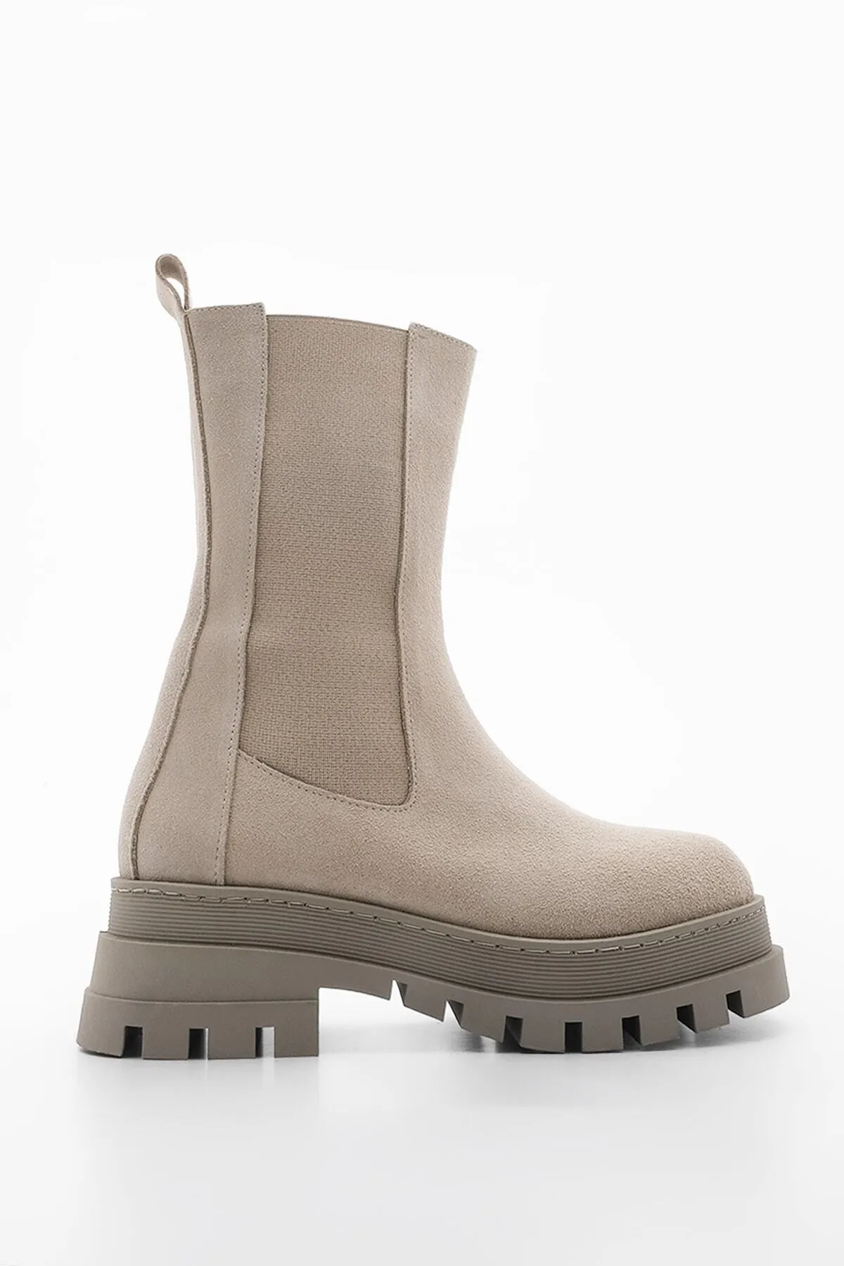 Marjin  Damen Stiefel aus echtem Leder für den Alltag, dicke gezackte Sohle, elastisch, Unvez, beige, Wildleder