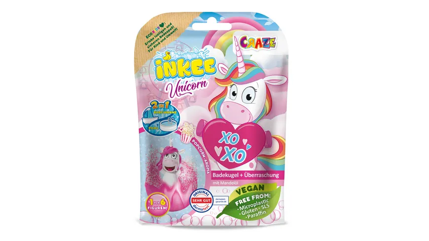 CRAZE - INKEE Unicorn Badekugel mit Popcornduft - mit Überraschung (1 von 6 Figuren) 100 g