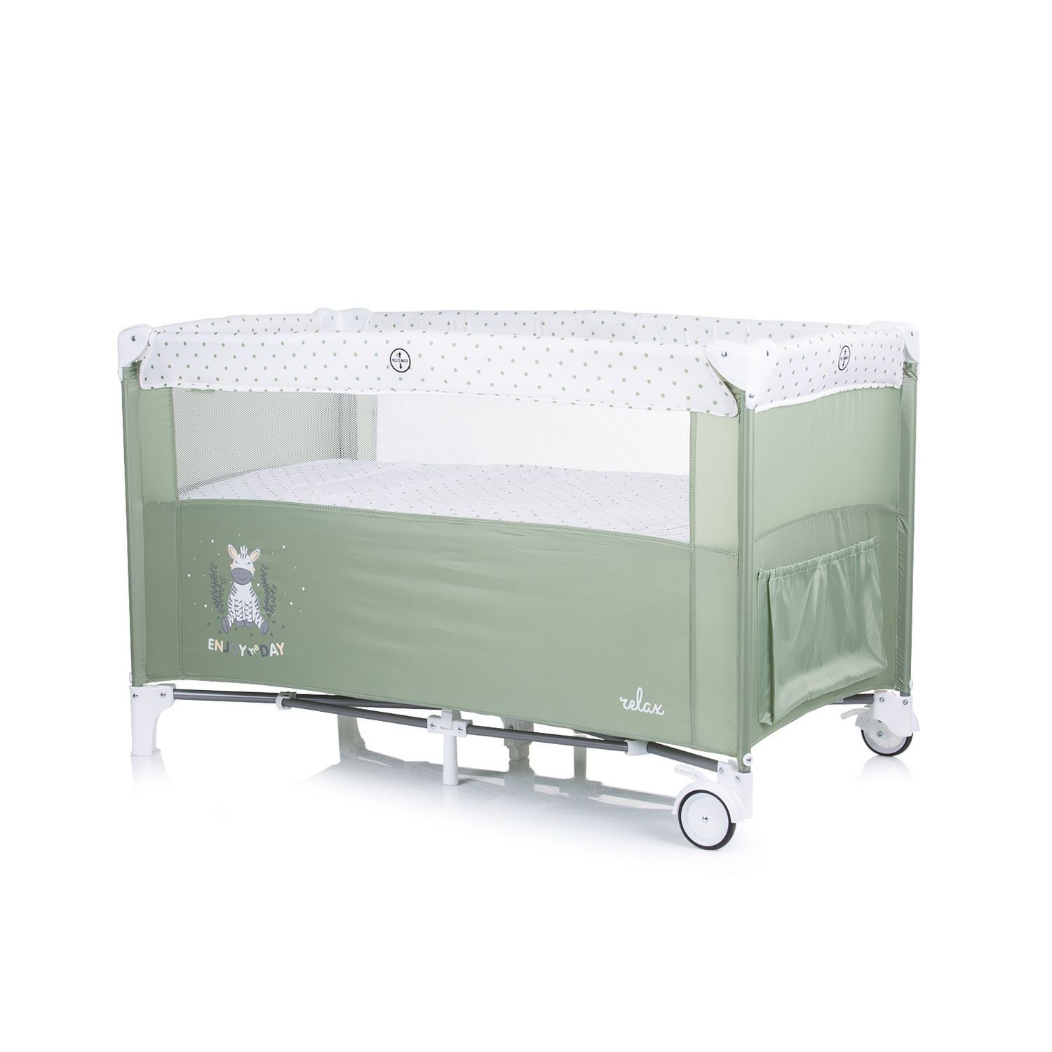 Chipolino Baby-Reisebett Reisebett Relax 2 Ebenen, Vorderseite absenkbar, Seiteneingang, Tasche
