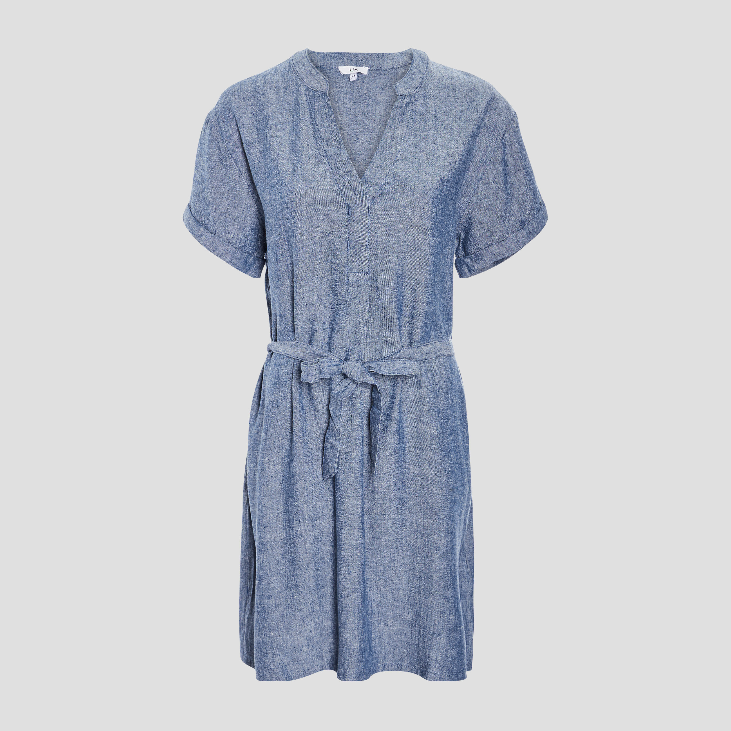 Robe droite ceinturée en mélange de lin bleu gris femme | La Halle