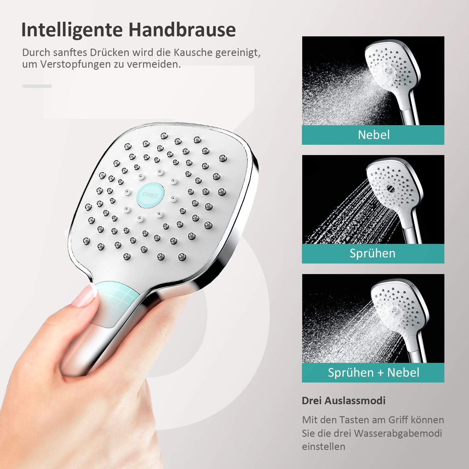 EMKE Duschsystem Duschset mit Theramostat Regendusche Handbrause, 3 Strahlart(en), 38℃ Thermostat Duschsäuleset, Quadratisch, Chrom