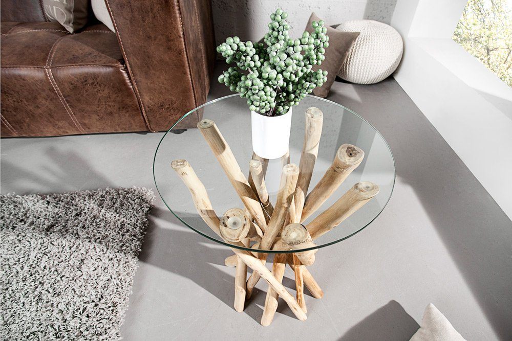 riess-ambiente Beistelltisch DRIFTWOOD 35cm natur / transparent, Massivholz · mit Glasplatte · rund · Handarbeit · Teakholz
