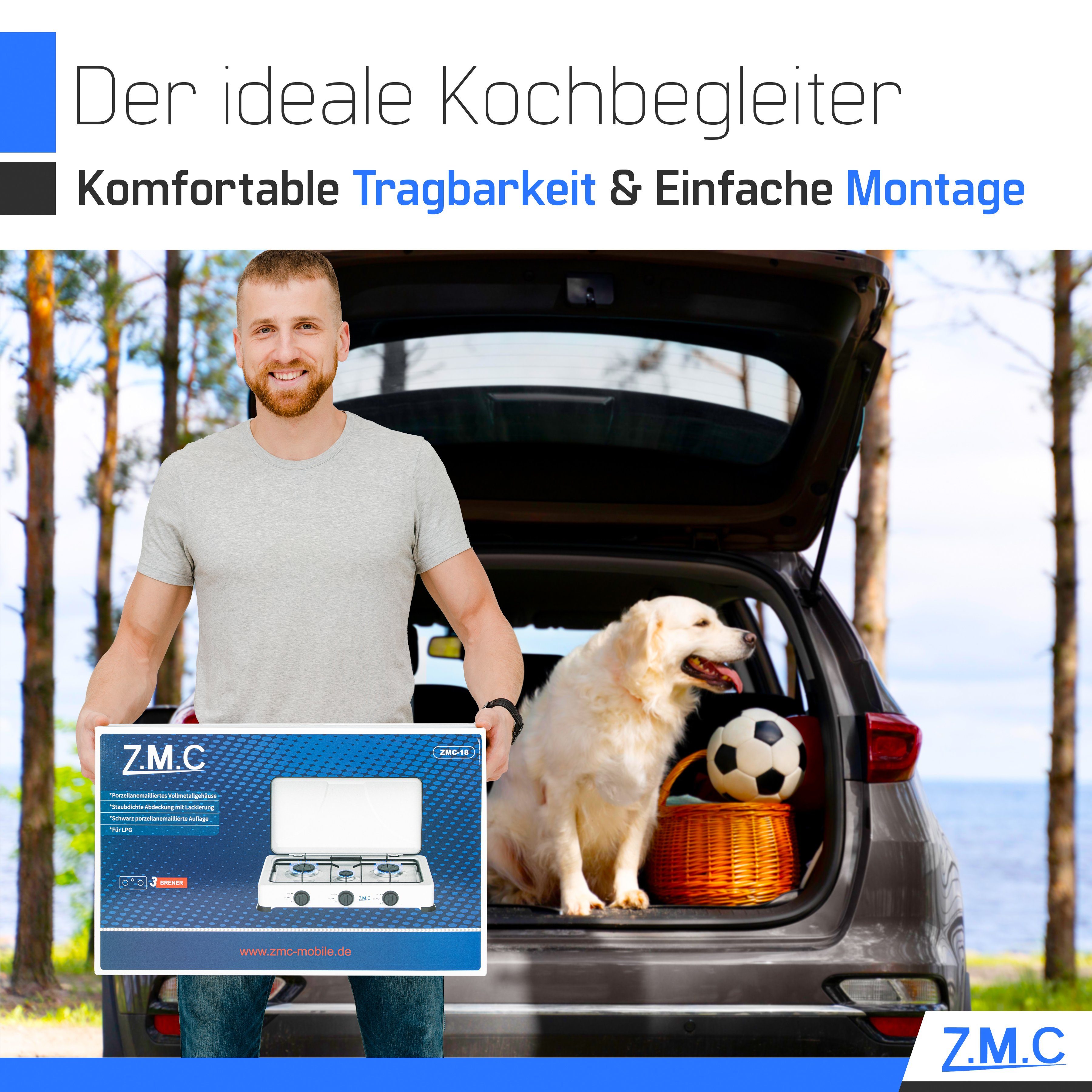 ZMC Gaskocher Tragbarer Gaskocher Campingkocher 3-flammig inkl. Schlauch und Regler, 5,4 kW 50 mBar Outdoor Gasherd Kochfeld Herd Propangas Tischkocher