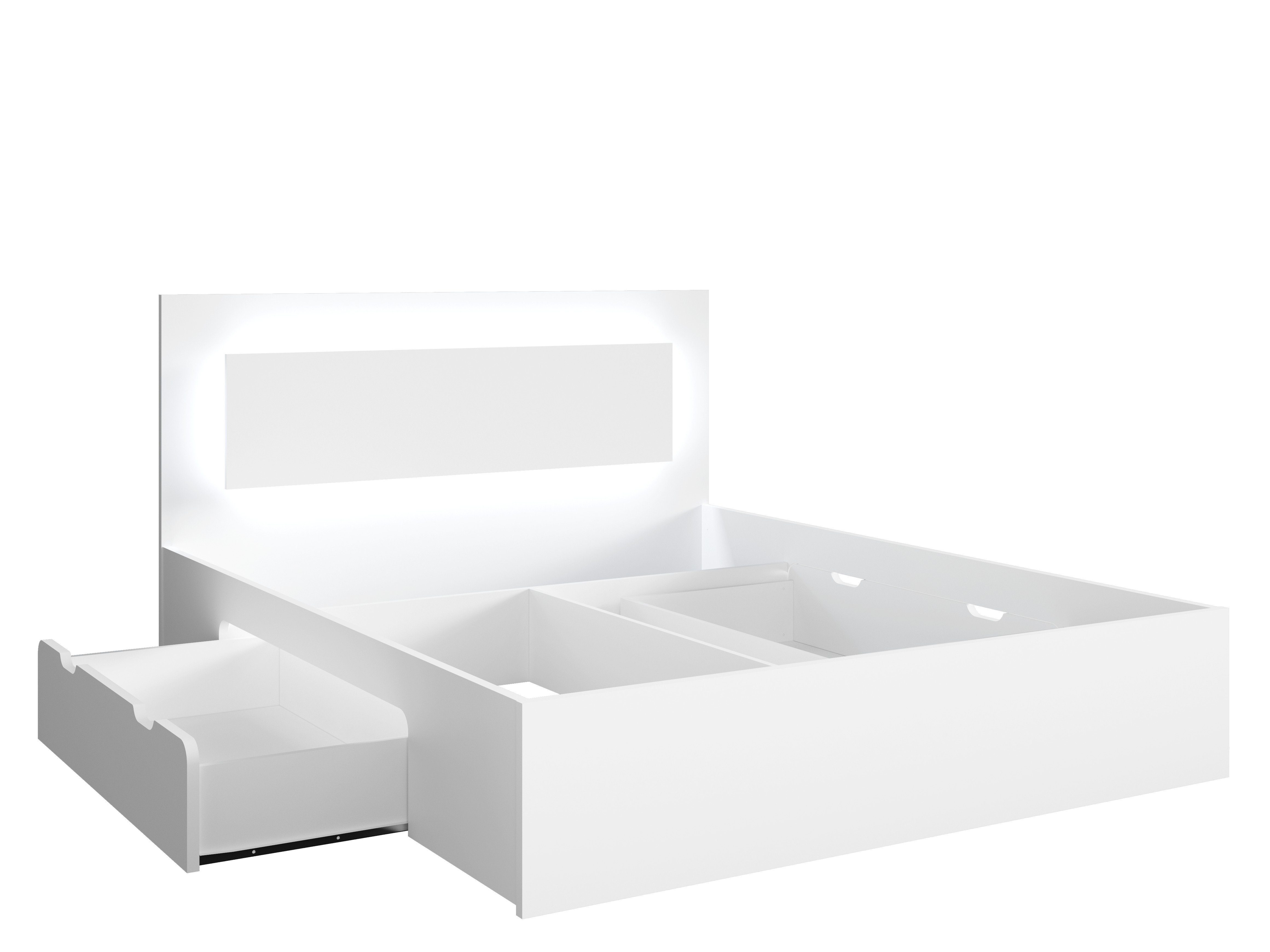 Möbel für Dich Komplettschlafzimmer Fino weiß, (5-teilig), Bett mit Schubladen, Schiebetürenschrank mit Spiegel, Kommode