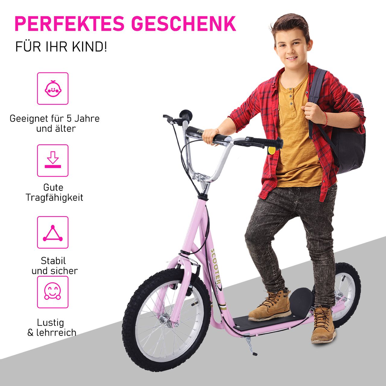 HOMCOM Kinderroller mit Bremsen 16/12 Zoll Scooter Tretroller Cityroller Kinder Roller Kickboard für 5  Jahre Kinder Rosa 135 x 58 x 92-100 cm