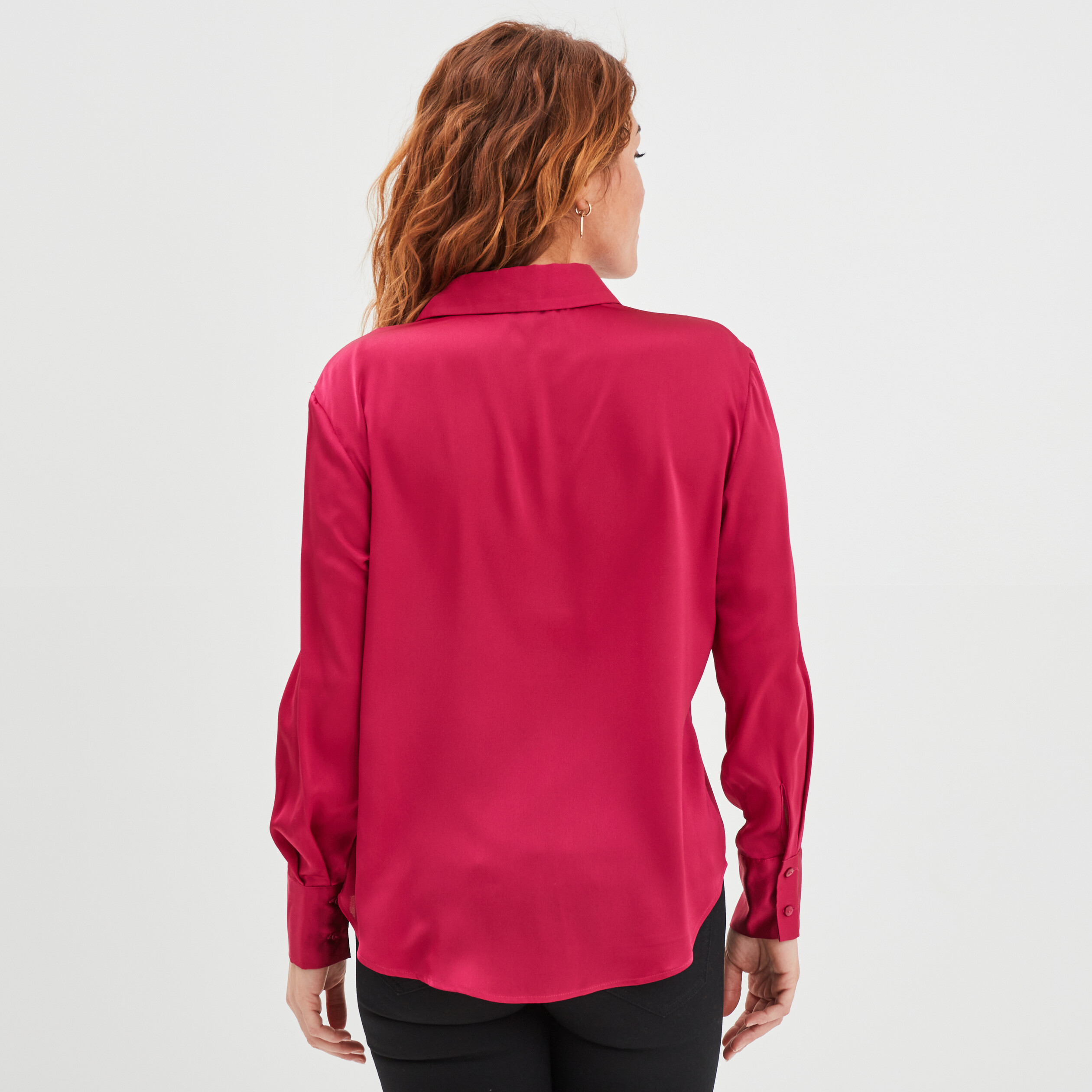 Chemise satin manches longues rose framboise femme | La Halle