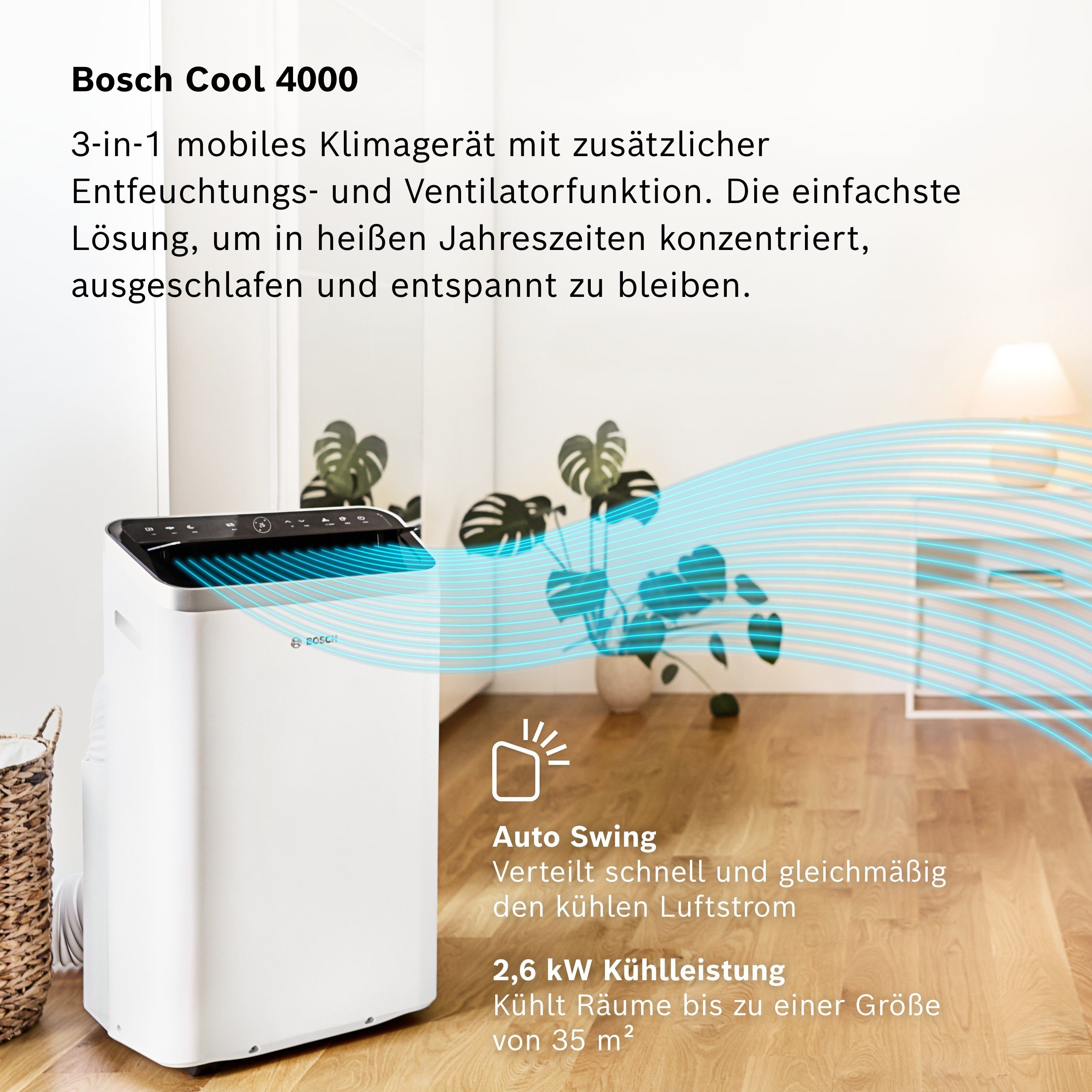 BOSCH 3-in-1-Klimagerät Cool 4000, Mobile Klimaanlage, Luftentfeuchter, Ventilator - für Räume bis 35m²