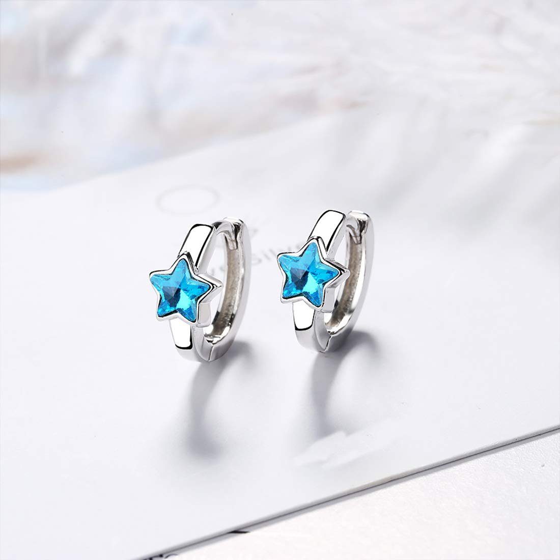 Haiaveng Paar Ohrhänger 925 Sterling Silber Zirkonia Blau Stern Klein Creolen Ohrringe, für Frauen,Damen,Mädchen,Kinder