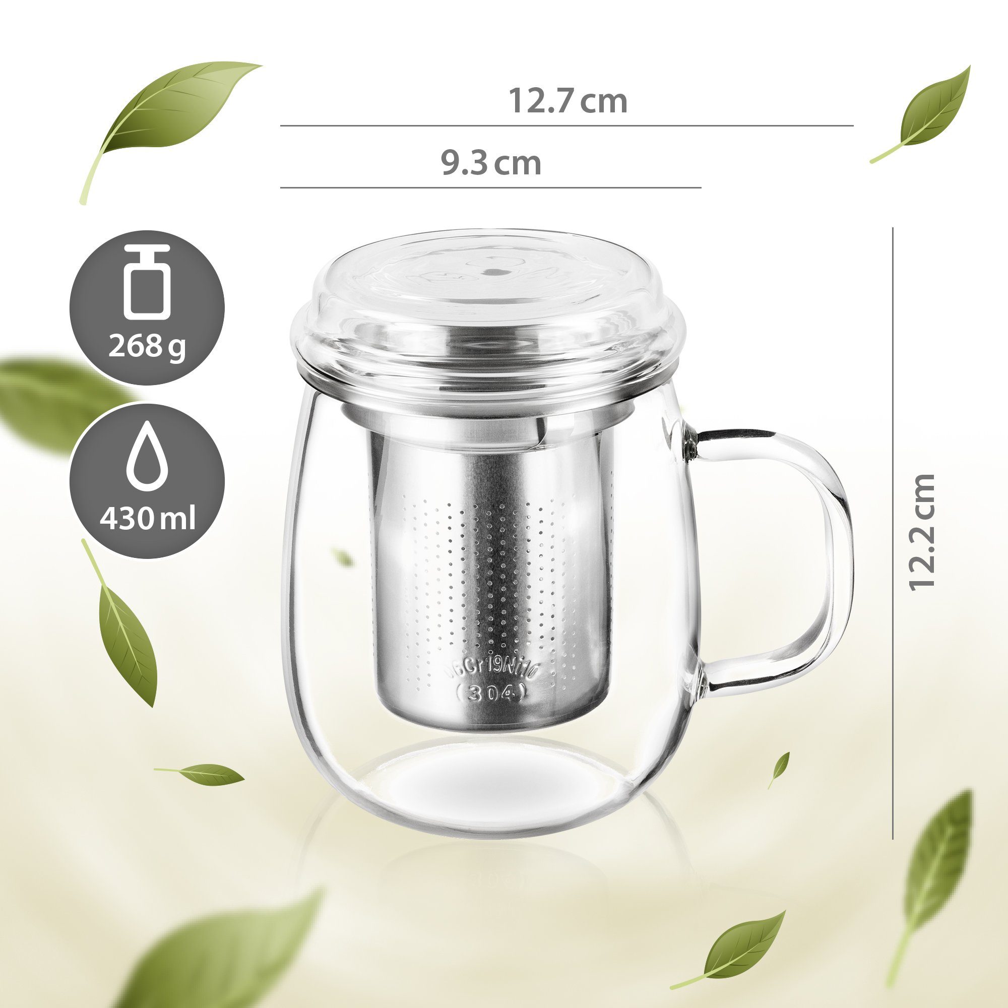 Impolio Teeglas Impolio Classic Teeglas mit Edelstahl-Sieb 2-teiliges Set 430 ml, Glas