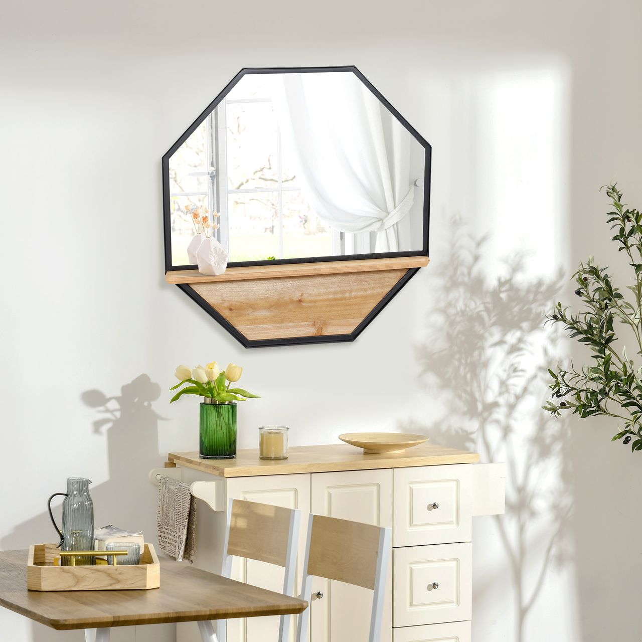 HOMCOM Achteck Wandspiegel, 61 x 61cm Hängespiegel Wohnzimmerspiegel Flurspiegel mit Ablage im Industrie-Design für Schlafzimmer Schwarz