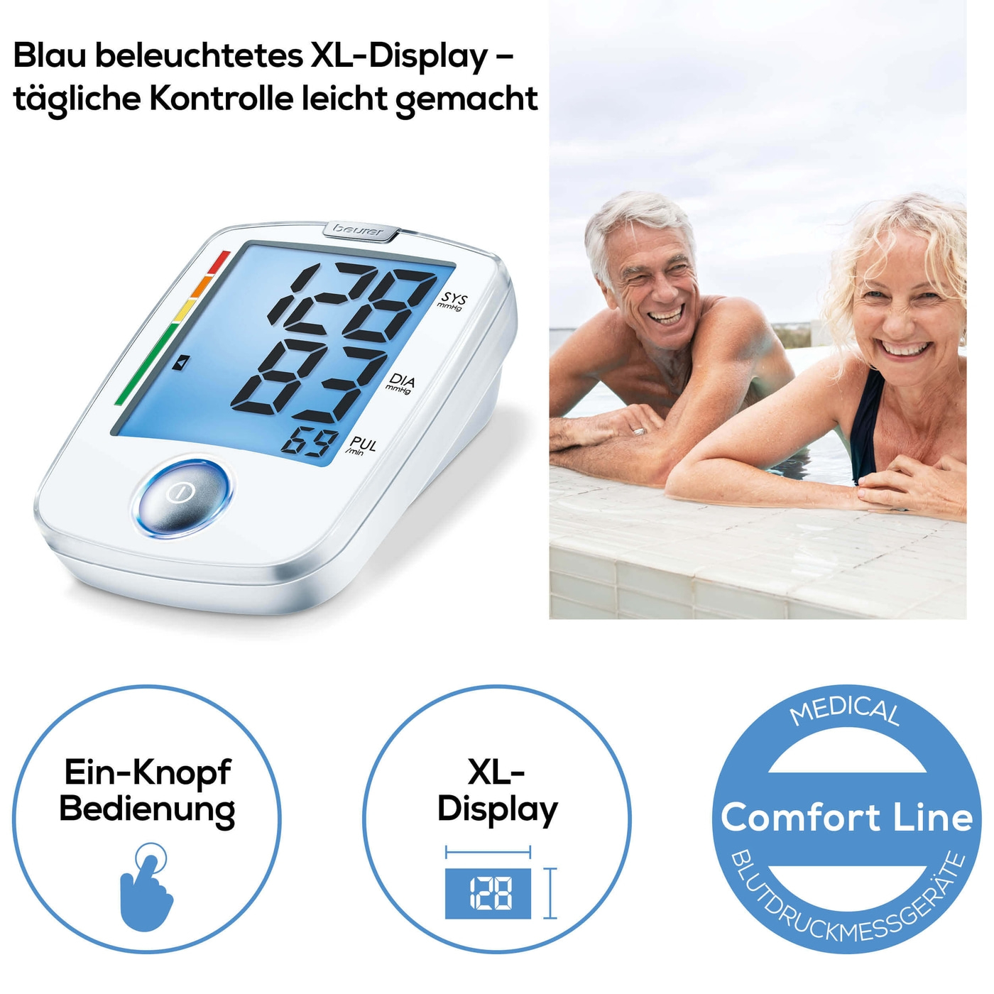 Beurer Oberarm-Blutdruckmessgerät BM 44-Einfach bedienbares Oberarm-Blutdruckmessgerät mit beleuchtetem XL-Display