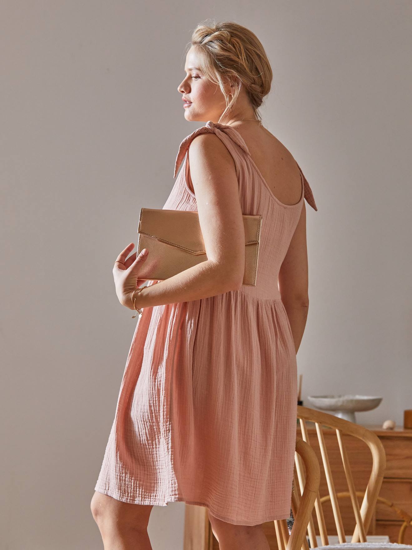 Robe courte gaze de coton grossesse et allaitement beige imprimé
