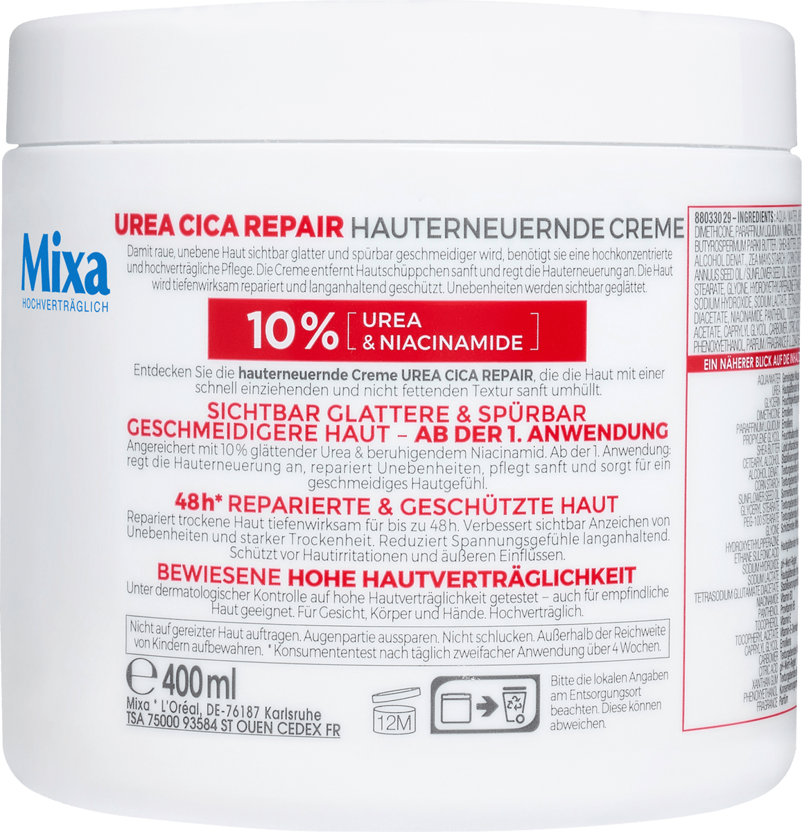 Pflegecreme Urea Cica Repair 10 % Urea & Niacinamide, 400 ml