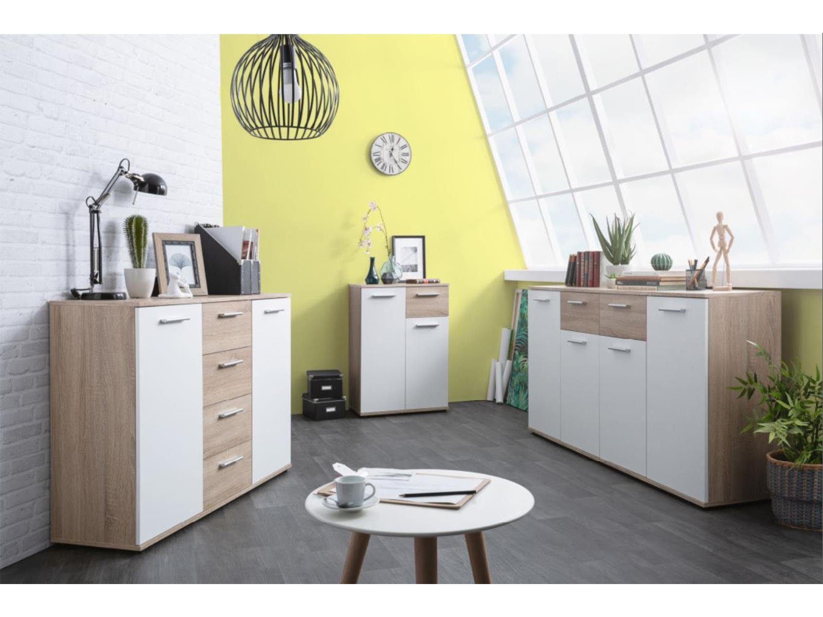 möbelando Sideboard Jacklin, Modernes Sideboard aus Spanplatte in Sonoma-Eiche Nachbildung mit Absetzungen in Weiß mit 2 Schubkästen und 4 Türen dahinter je 1 Boden. Breite 160 cm, Höhe 85 cm, Tiefe 35 cm