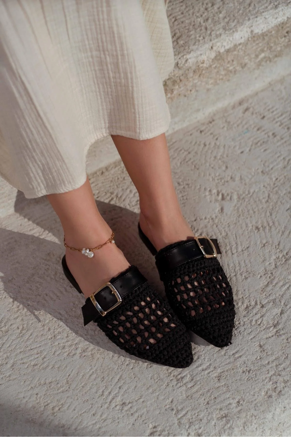 NİŞANTAŞI SHOES  Beste schwarze gestrickte Damenhausschuhe mit Gürteldetail und flacher Sohle
