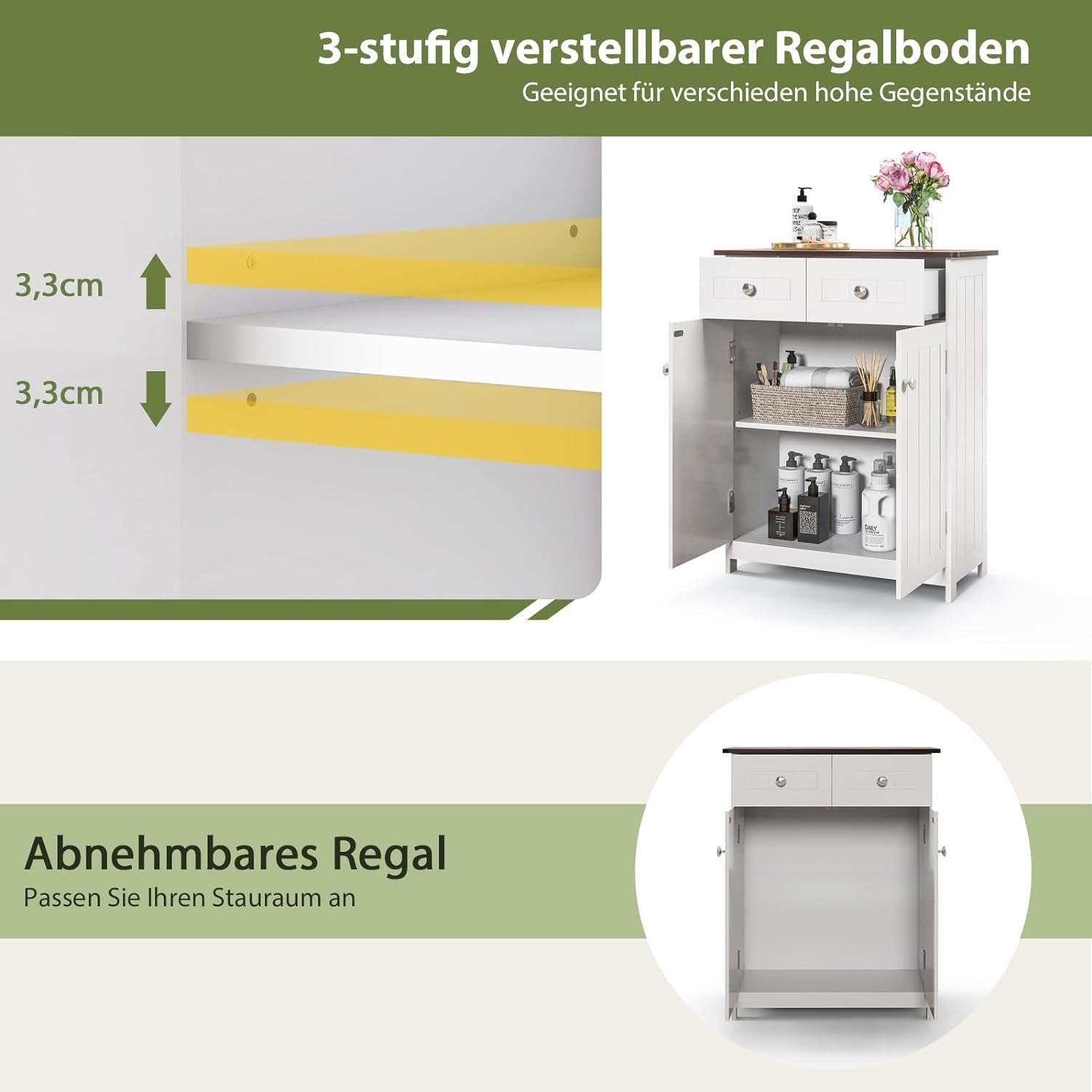 KOMFOTTEU Kommode Badzimmerschrank, mit höhenverstellbarem Regal, 60 x 30 x 75 cm