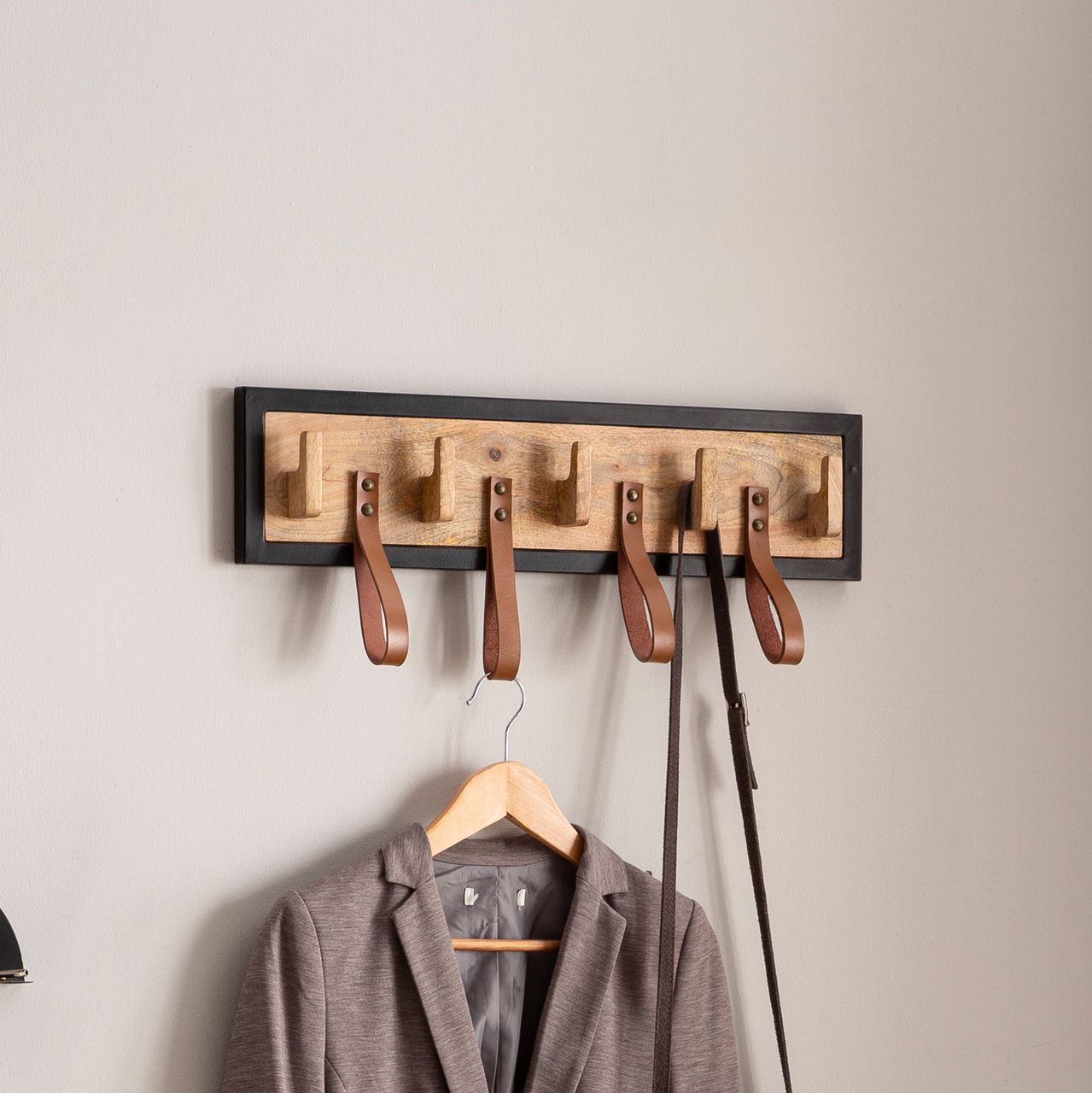 Wohnling Wandgarderobe Hakenleiste Holz Echtleder 60 cm Garderobe Flur Metall