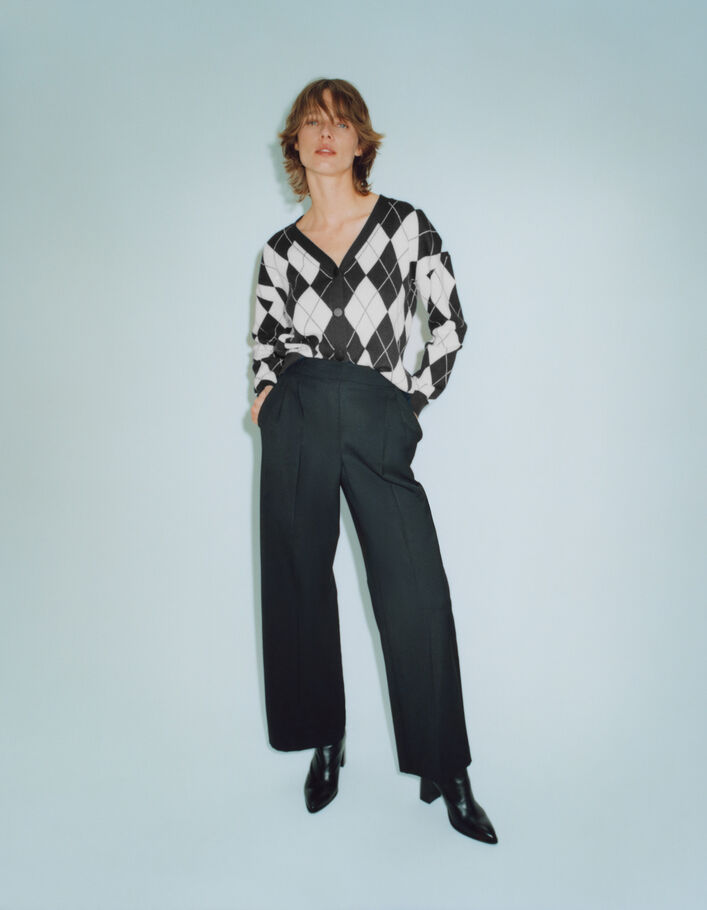 Cardigan gris et écru tricot motif Argyle Femme