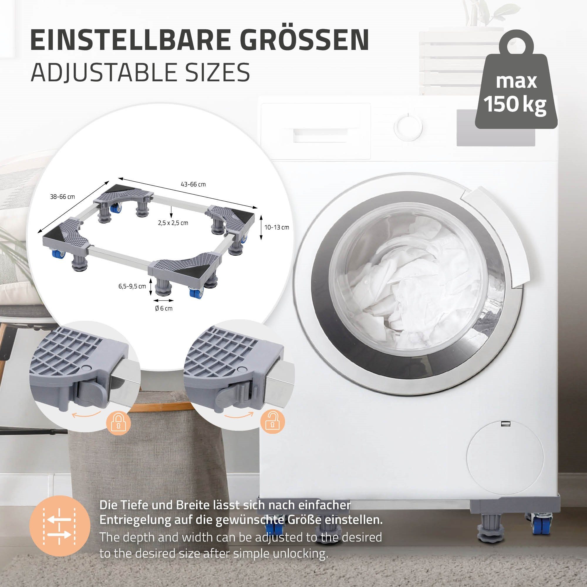 ECD Germany Waschmaschinenuntergestell Waschmaschinen Untergestell Podest rutschfest für Kühlschrank&Trockner, beweglich mit 8 Füßen 4 Räder verstellbar Breite 43-66cm Höhe 10-13cm