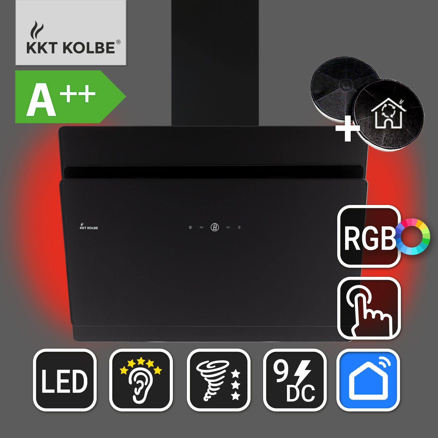 KKT KOLBE Wandhaube Dunstabzugshaube 80cm SOLO809SHCM RGBW Ambientebeleuchtung, Kopffreihaube / 80cm / Smarte WiFi-App / Schwarz / Glas / Leise