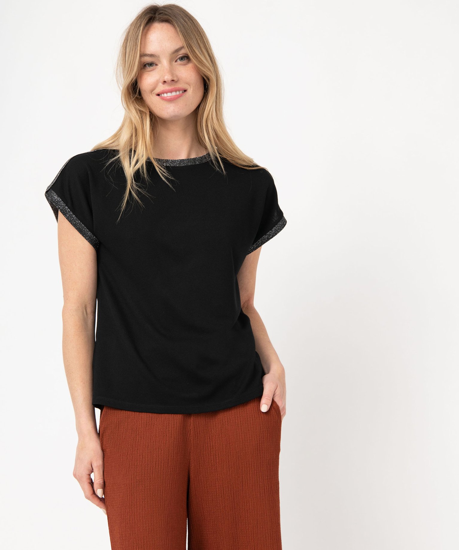 Tee-shirt loose à manches coures pailletées femme noir | GEMO