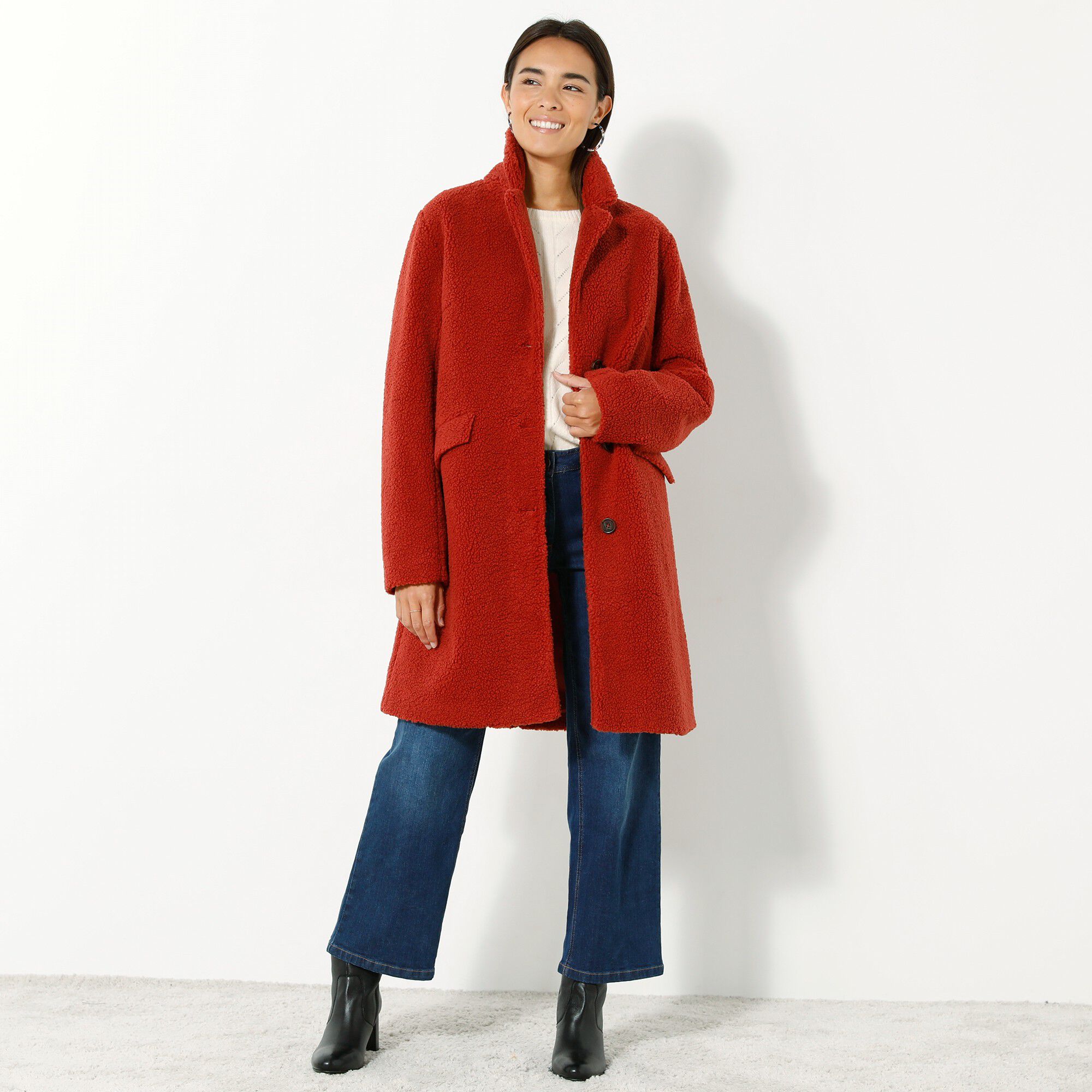 Manteau maille bouclette col tailleur