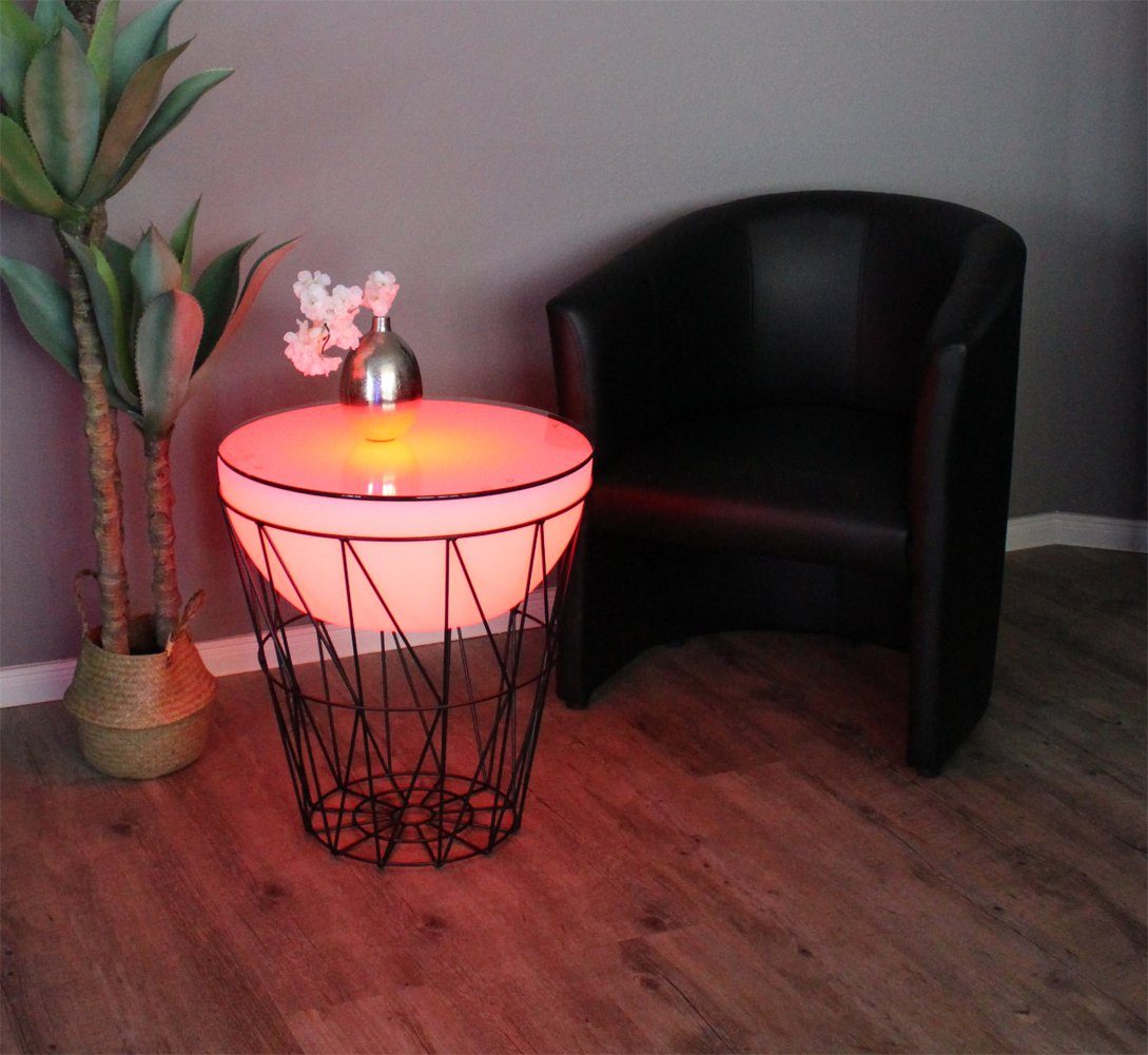 Arnusa Couchtisch LED Beistelltisch beleuchtet rund Korbtisch Metall 50x56 cm, Tisch mit Fernbedienung kabellos nutzbar RGB+W Lounge