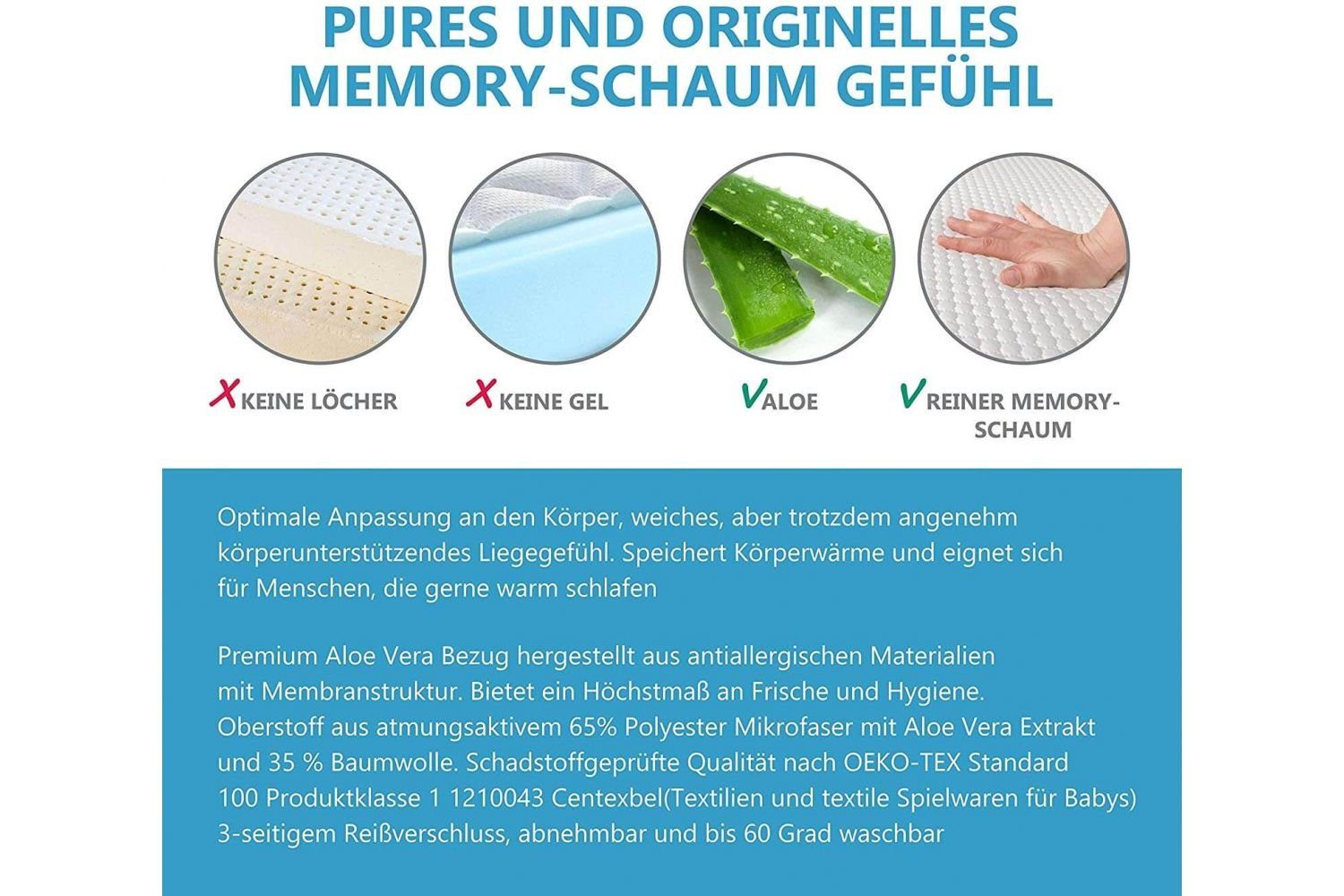 Topper Visco Topper, Tanato, 6 cm hoch, Viscoschaum, Aloe vera Waschbar Bezug mit Gummiband, Matratzenauflage Viscoschaum, Memory Topper, Atmungsaktive und Bequeme H2 Memoryschaum Matratzenauflage für Boxspringbett und Unbequeme Betten Schlafsofa, 90