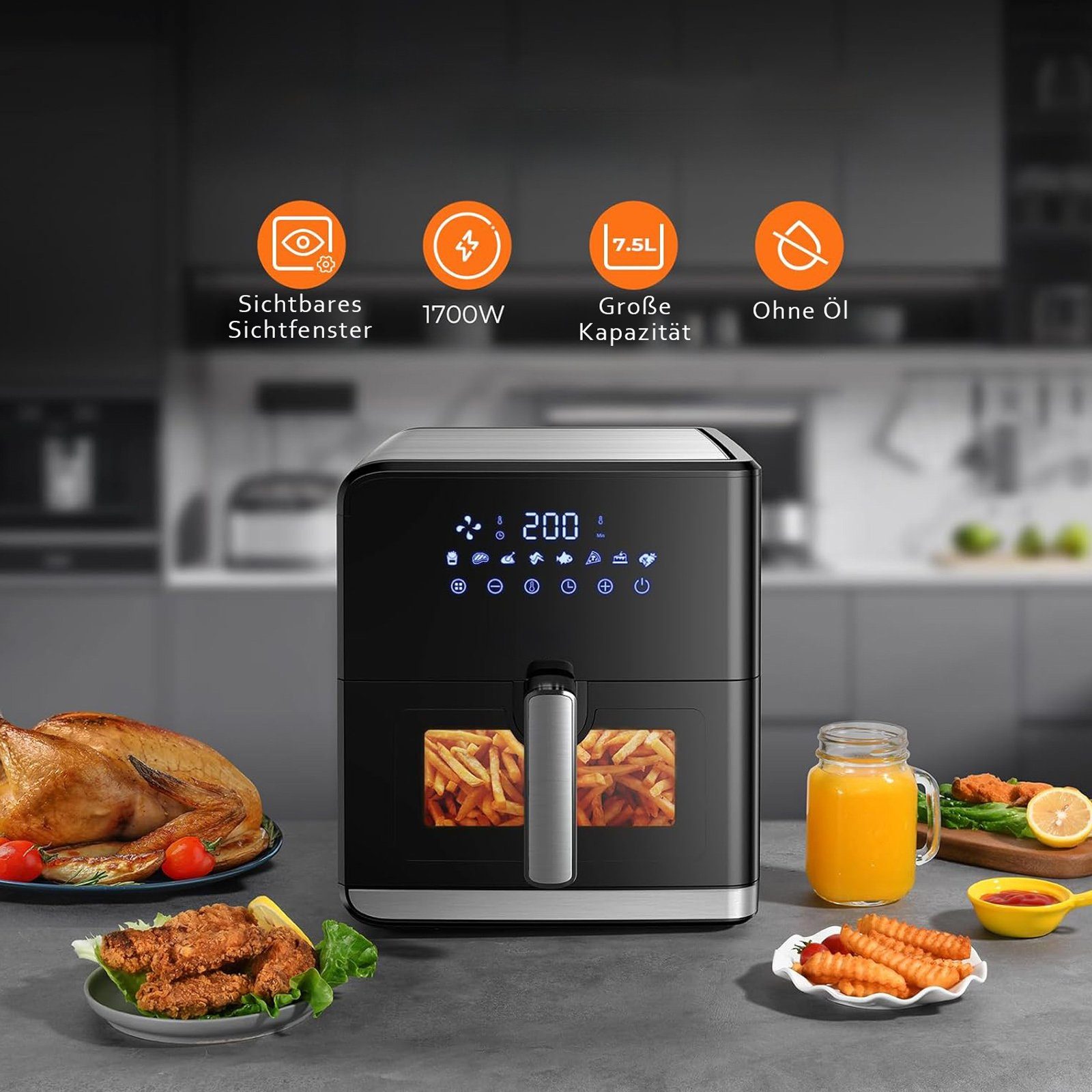 Sinaopus Heißluftfritteuse 7,5L XXL Air fryer, Ohne Öl Heizluft Fritteuse LED Touchscreen, 1700,00 W, Einstellbare Temperaturregelung, Sichtbares Sichtfenster
