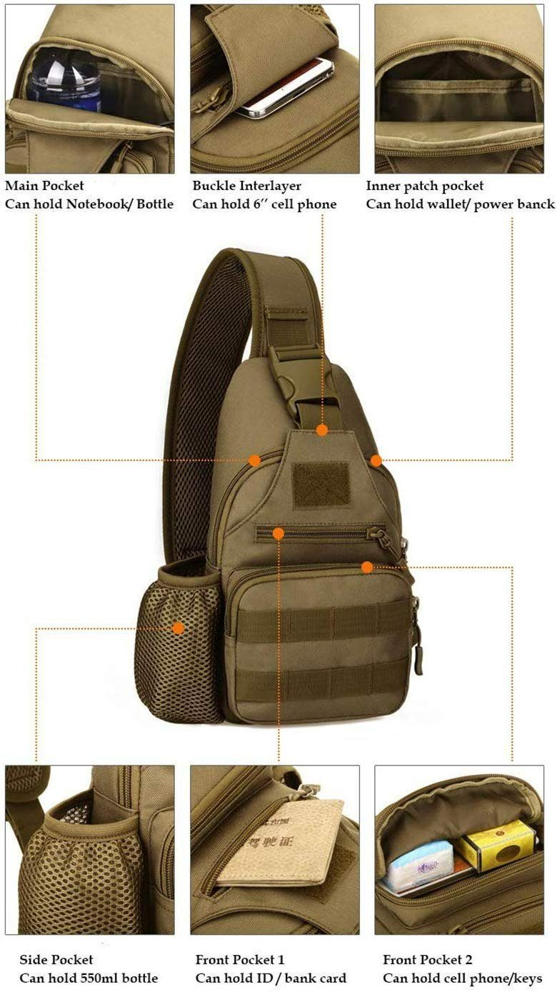 TAN.TOMI Schultertasche Taktisch Brusttasche Military Schultertasche mit Wasserflasche Halter Chest Sling Pack Molle Armee Crossbody Bag Militärisch Umhängetasche Mini Single Strap Rucksack für Reisen Wandern Camping