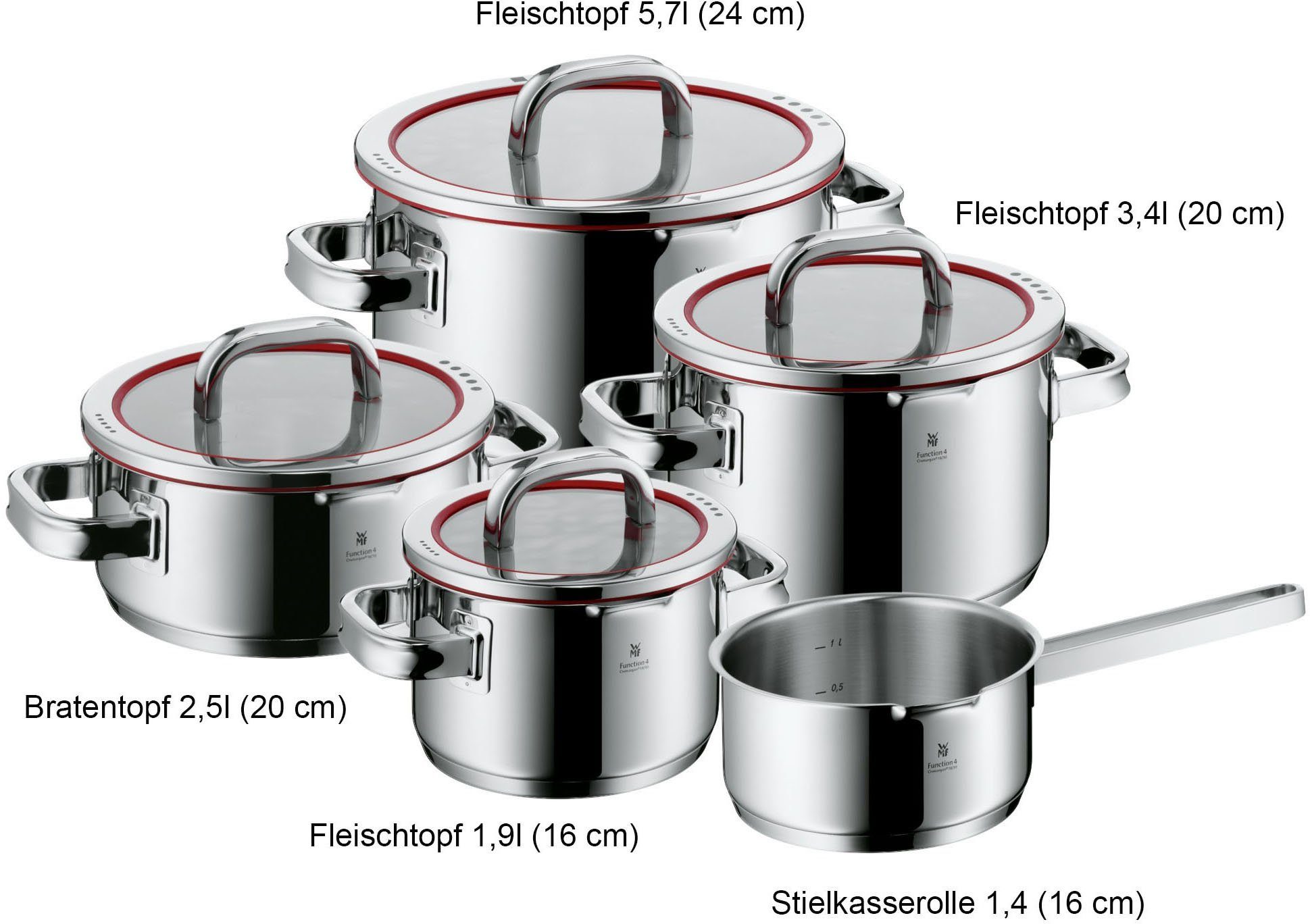 WMF Topf-Set Function 4, Cromargan® Edelstahl Rostfrei 18/10 (Set, 5-tlg), Induktionstöpfe