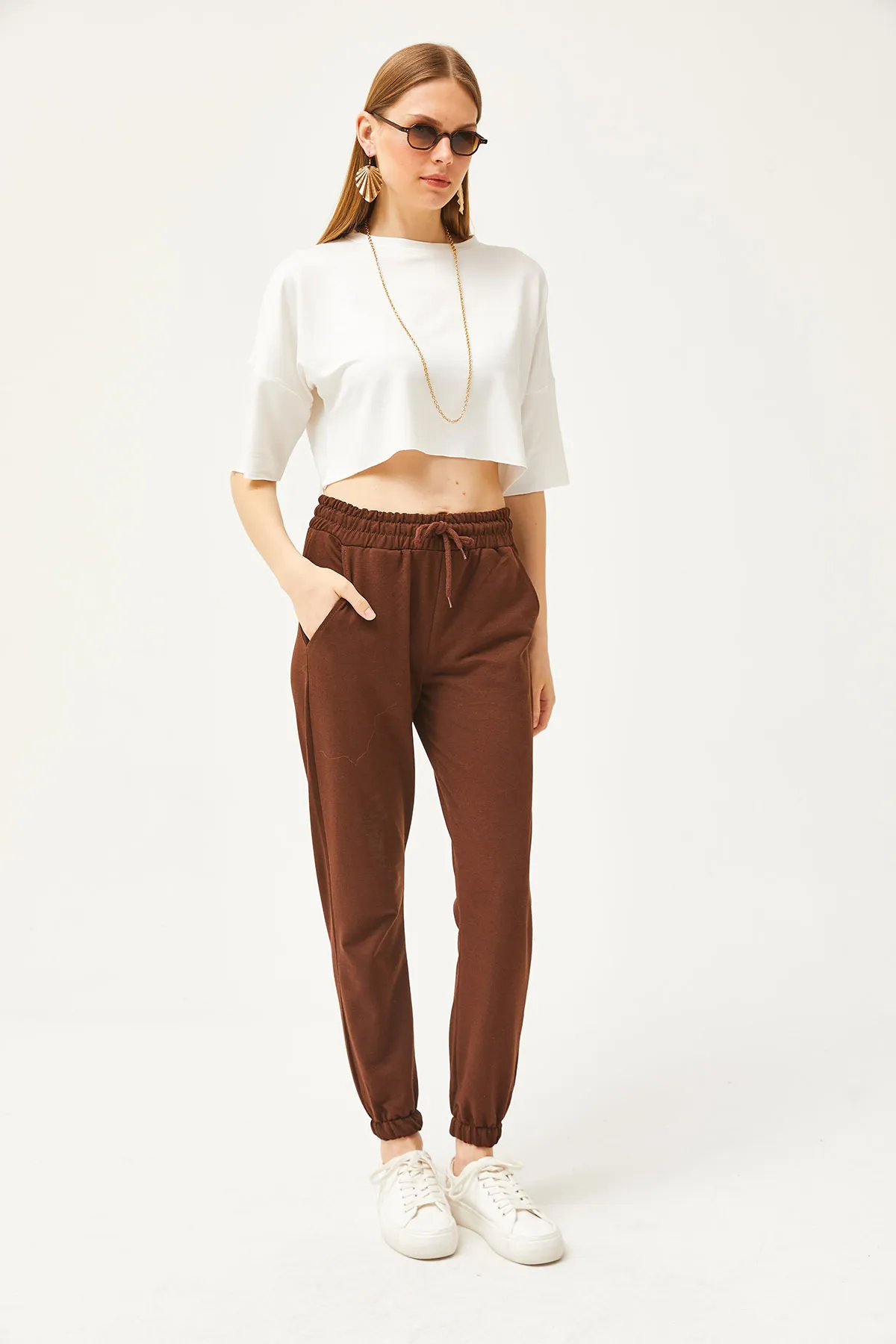 Olalook  Bitter Brown Damen-Jogginghose mit Taschen und elastischem Bund EŞF-00000066