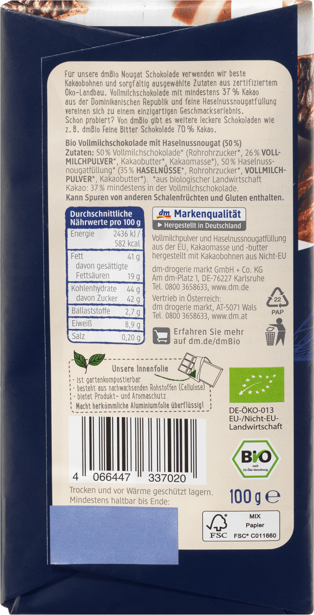 Schokolade, Nougat fein-cremig, 100 g