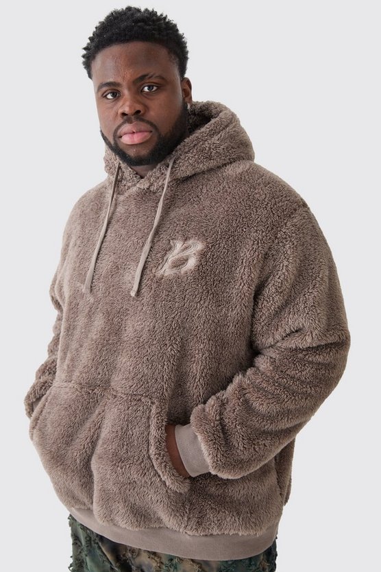 Plus bestickter Oversize Borg-Hoodie