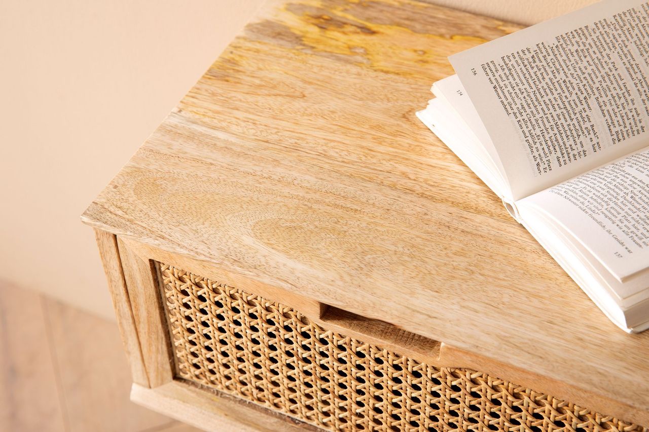 Wohnling Nachttisch Nachtkommode Boxspringbett Holz Rattan 60 cm Wiener Geflecht