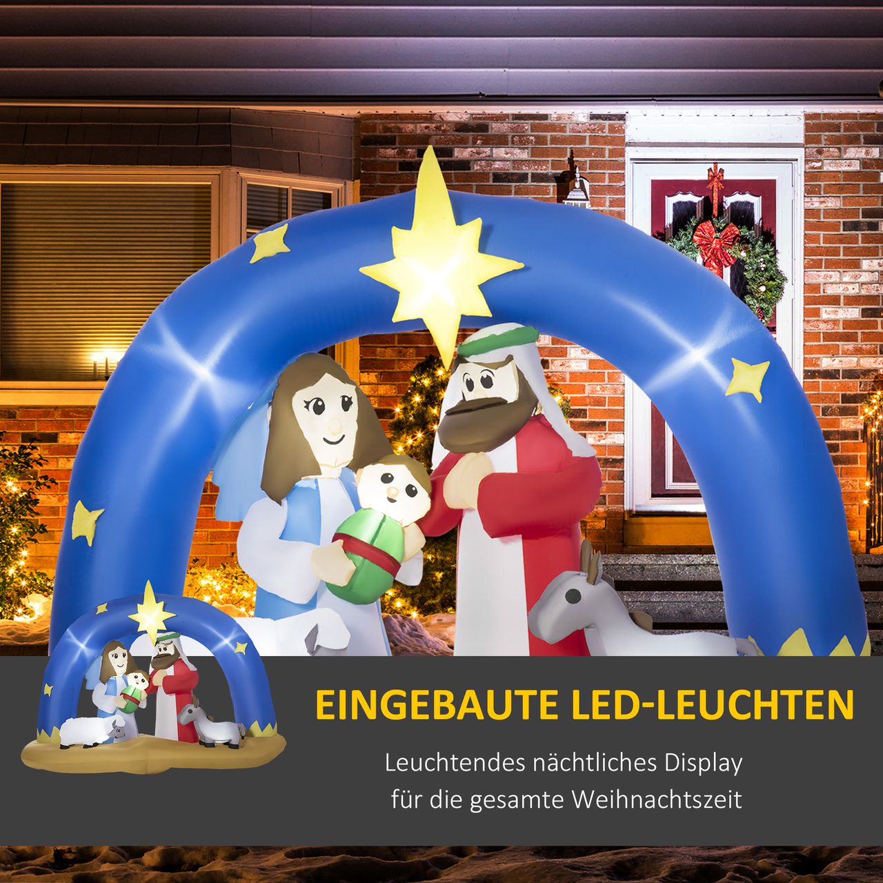 HOMCOM Aufblasbarer Weihnachtsbogen Bibel-Bogen von Jesus' Geburt 1,57 m Weihnachtsdeko mit LED Weihnachtskrippe mit Torbogen wasserdicht Polyester Blau Braun 206 x 95 x 157 cm