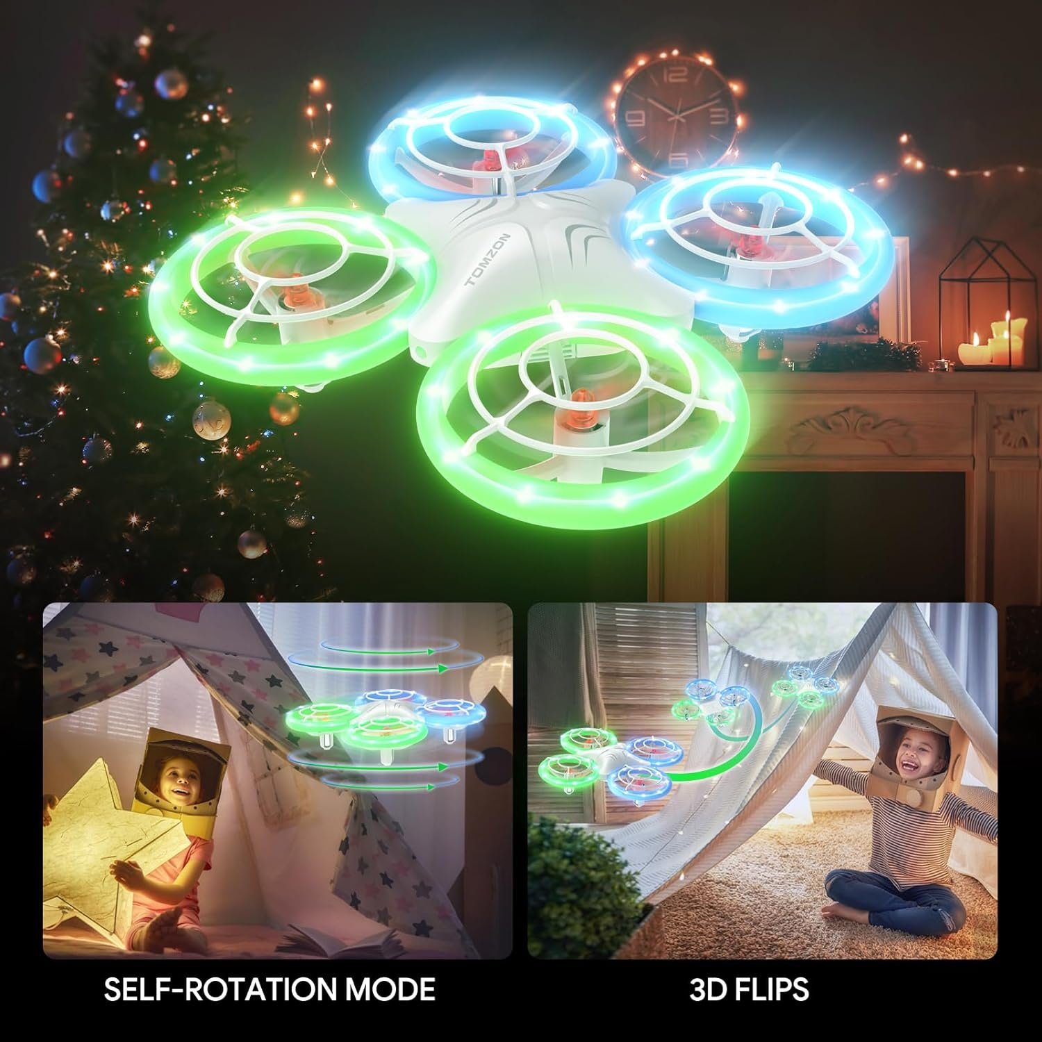 Tomzon Mini Drohne für Kinder, Blauen und Grünen LED Lichter Drohne (Fliege mit Leichtigkeit: 2 Akkus, 3D-Flip, Kopflos-Modus, für Anfänger)