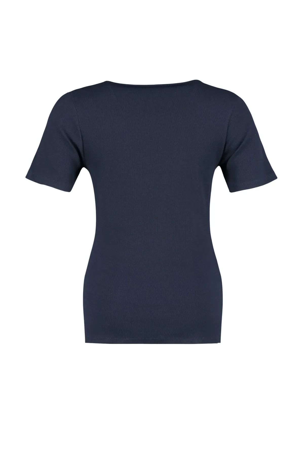 Trendyol Curve  Marineblaues, geripptes Strick-T-Shirt mit Kragen und detailliertem Kragen TBBSS23BF00012