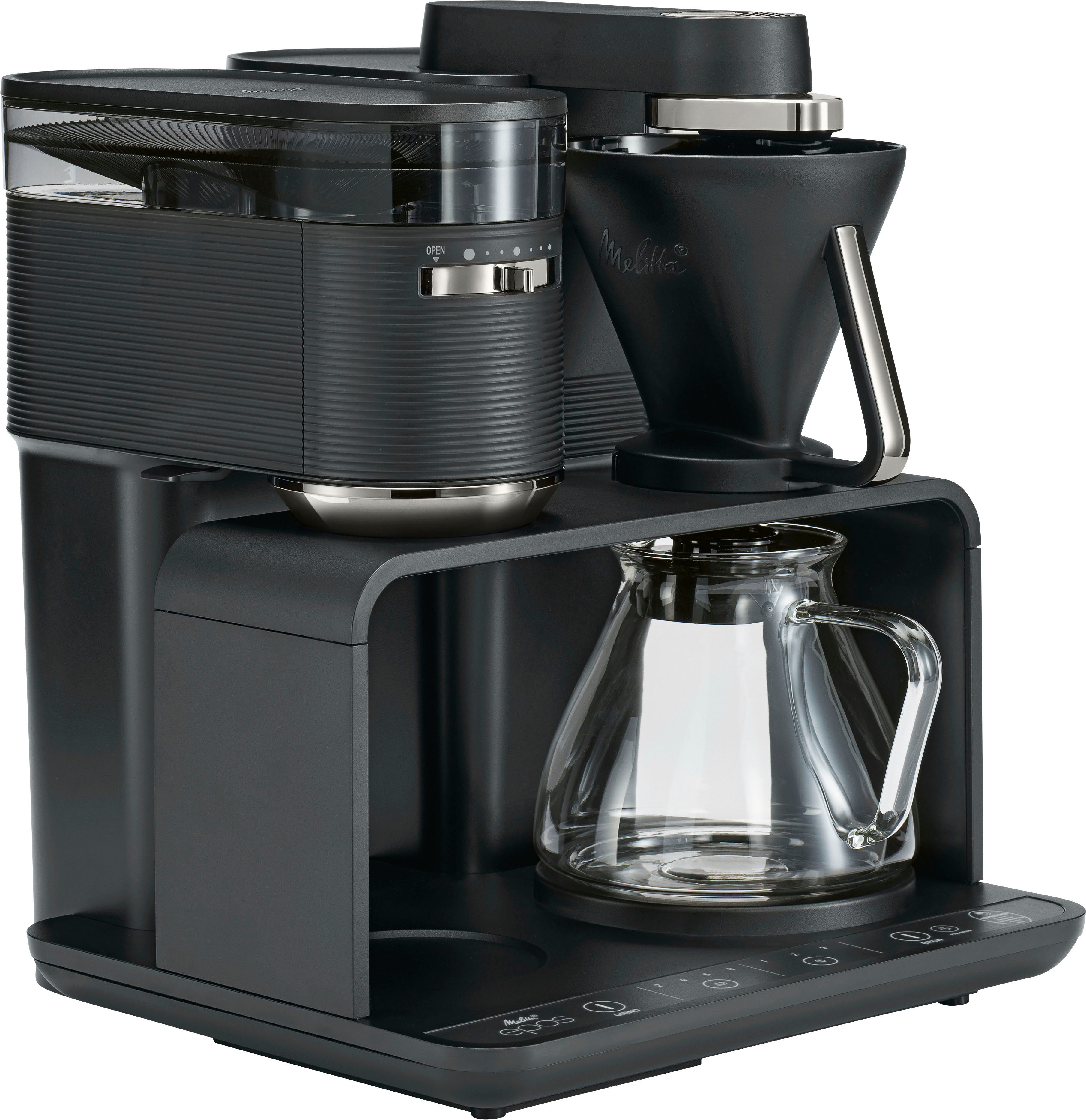 Melitta Kaffeemaschine mit Mahlwerk EPOS® 1024-03 Schwarz/Silber 360°rotierender Wasserauslauf, 1l Kaffeekanne, Papierfilter 1x4