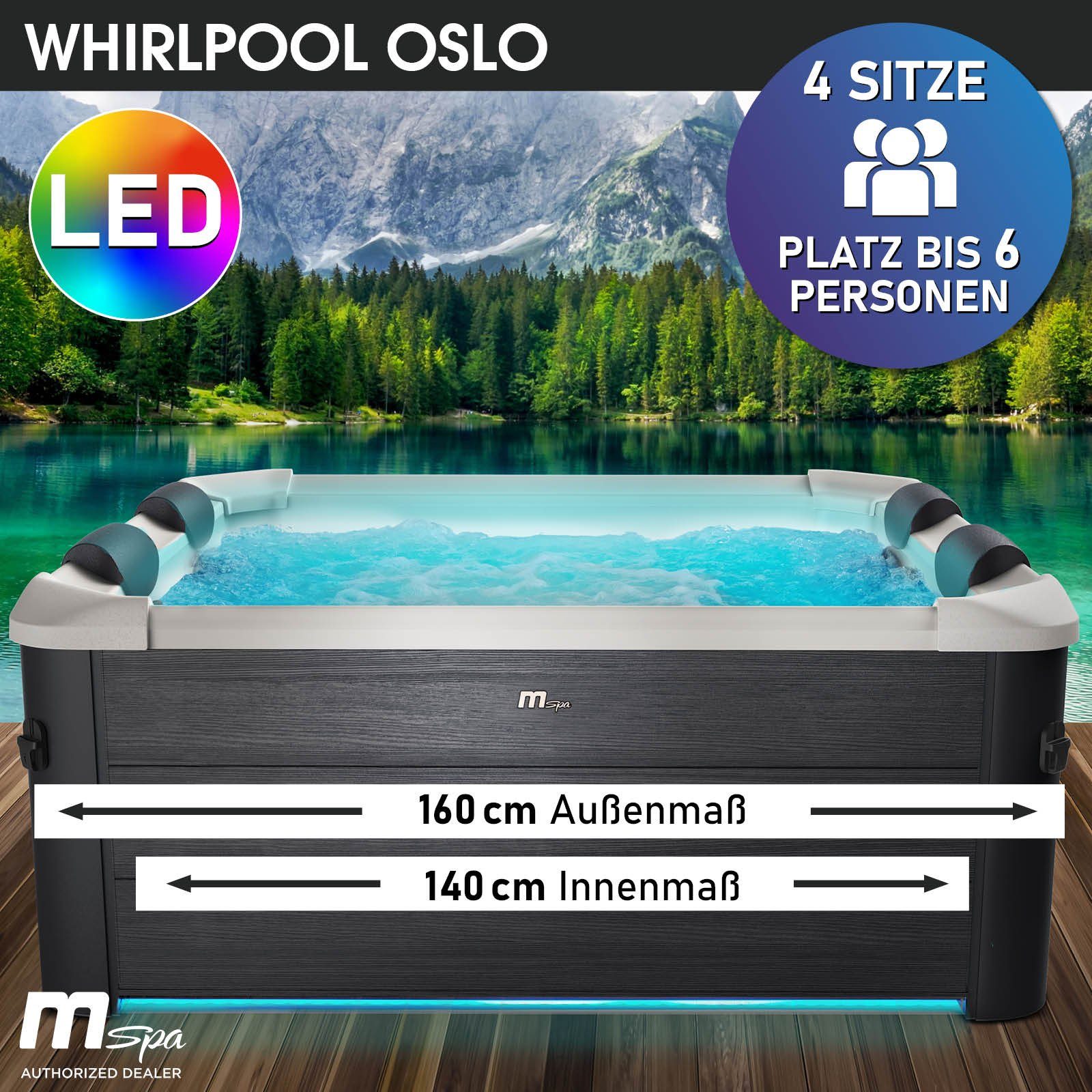BRAST Whirlpool MSpa Oslo mit Fester Außenwand, LED-Beleuchtung mit 20 Farben, (für 6 Personen, 160x160x65cm, 120 Massagedüsen), Ganzjähriger Einsatz Winterfest, In & Outdoor Pool