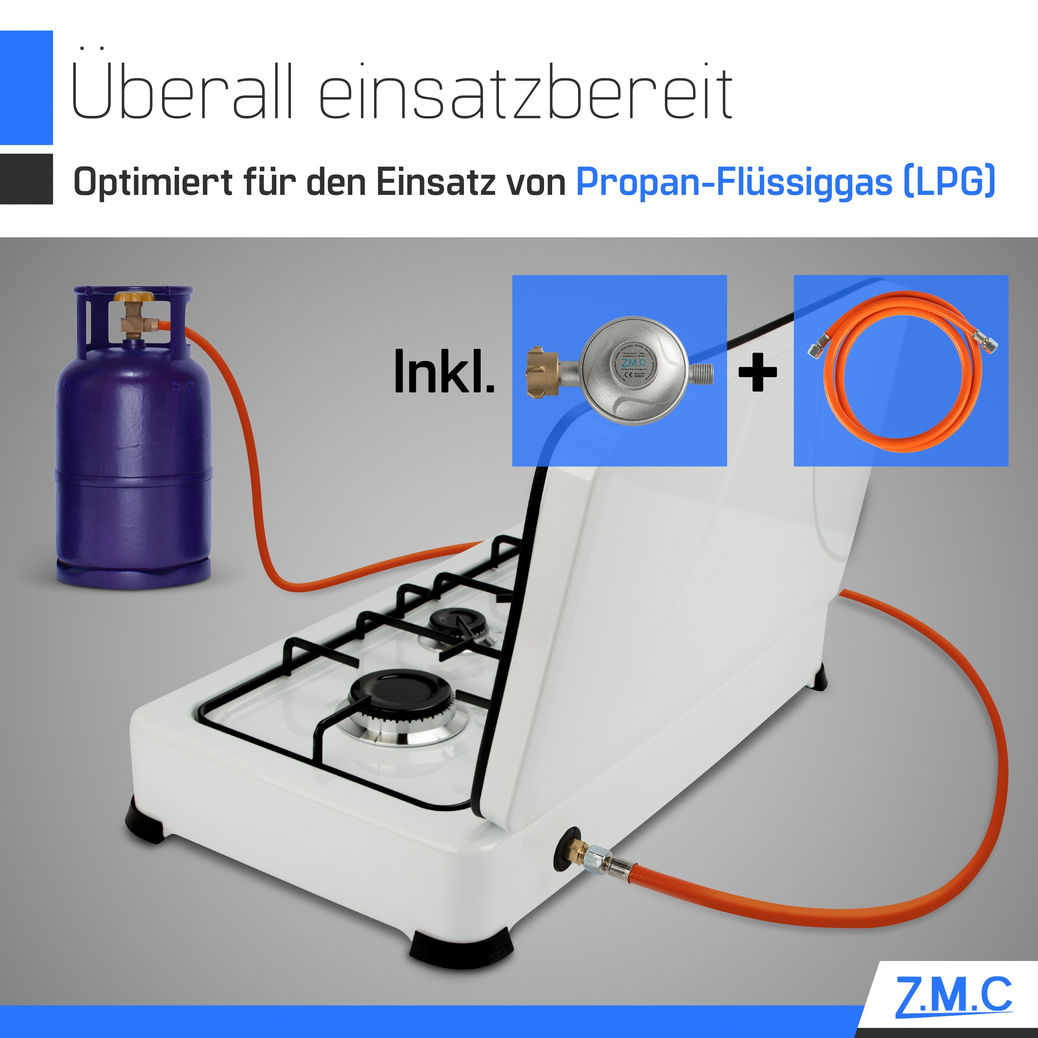 ZMC Gaskocher Tragbarer Gaskocher Campingkocher 3-flammig inkl. Schlauch und Regler, 5,4 kW 50 mBar Outdoor Gasherd Kochfeld Herd Propangas Tischkocher