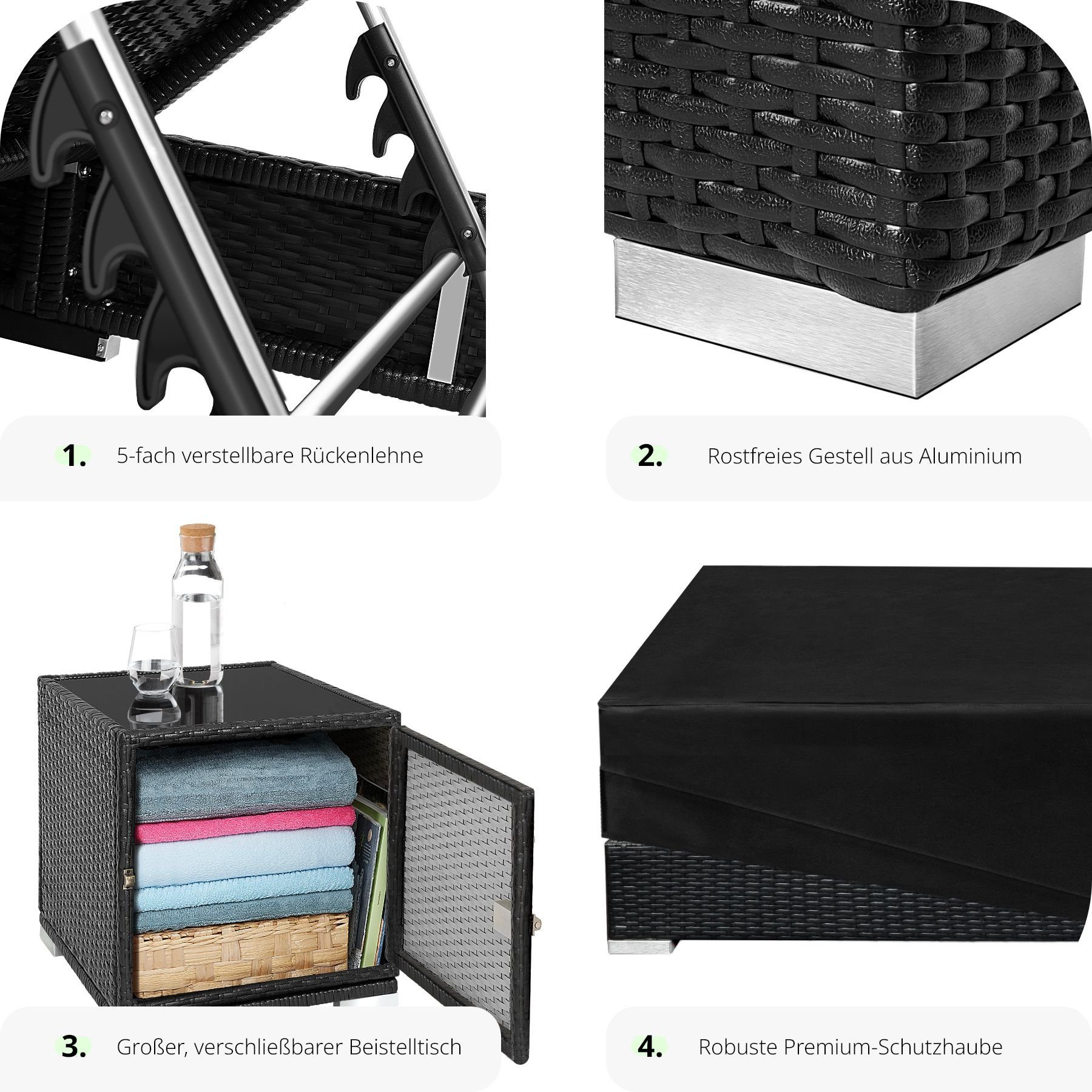 tectake Gartenliege 2 Sonnenliegen Rattan mit Aluminiumgestell und, 1, 1 St., 1tlg., Überdachung