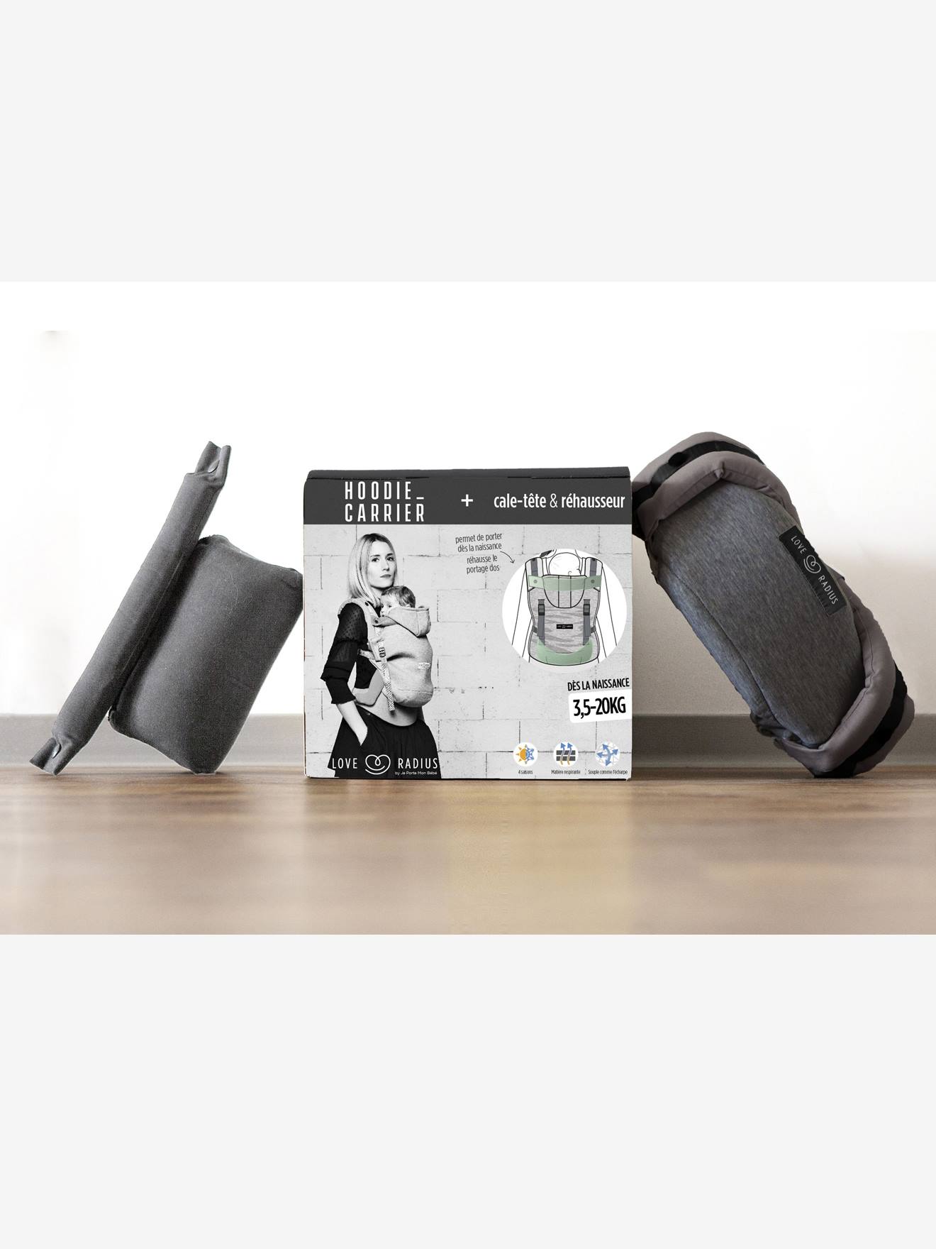 Pack HoodieCarrier + cale-tête et réhausseur LOVE RADIUS gris flanelle