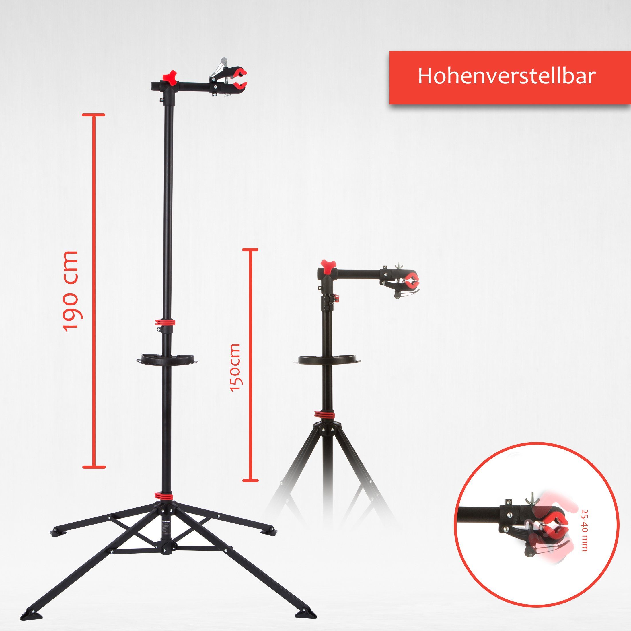 Zoomyo Fahrrad-Montageständer Fahrradmontageständer (Semi-Profi, MTB E-Bike Ständer, für Fahrräder bis 30 kg, Fahrrad Reparatur Ständer), mit Werkzeugschale und Teleskoparm, schnell aufzubauen