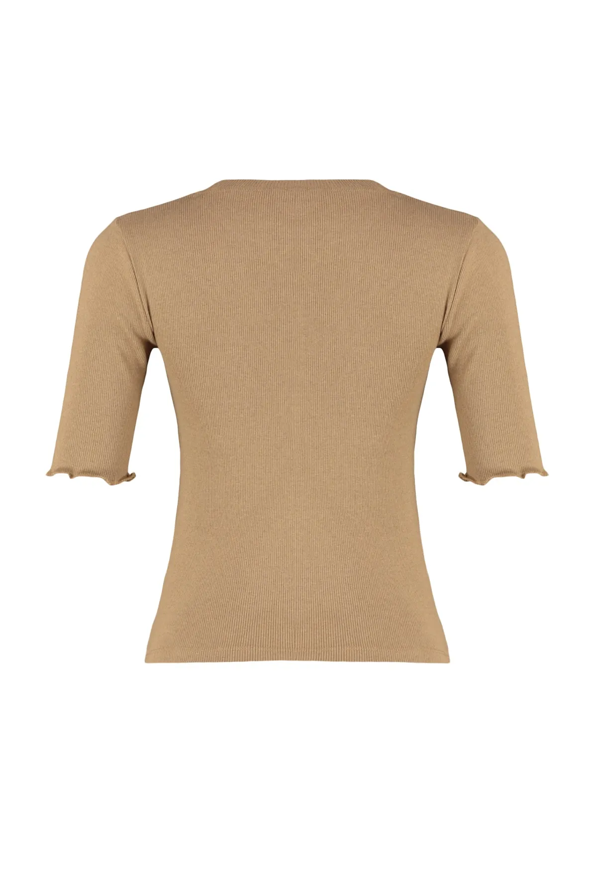 Trendyol Collection  Nerzfarbene, taillierte/taillierte Bluse aus Stretch-Strick mit Rundhalsausschnitt und Kordelzug TWOSS23BZ00025