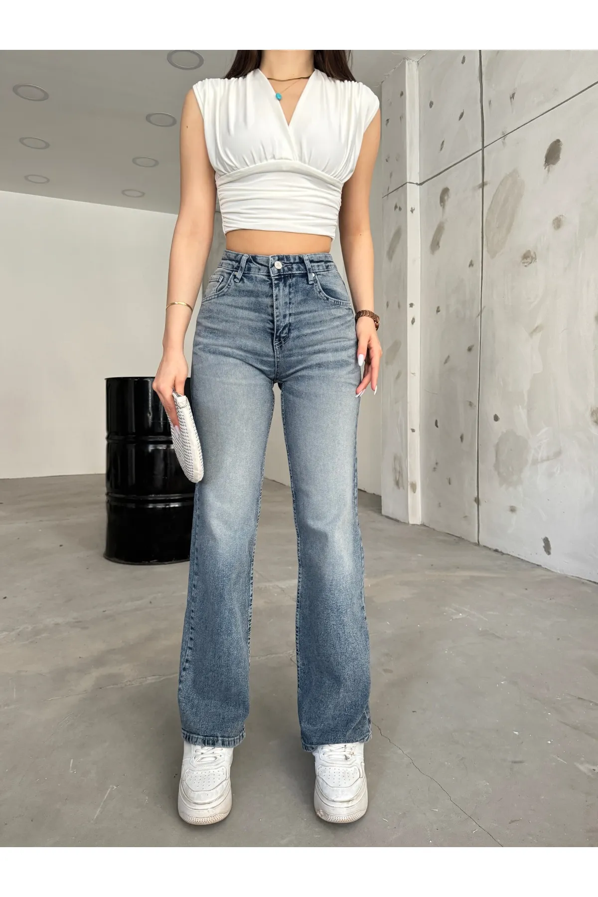 BİKELİFE  Damen-Jeans im Vintage-Stil mit hoher Taille und weitem Bein in hellem Effekt