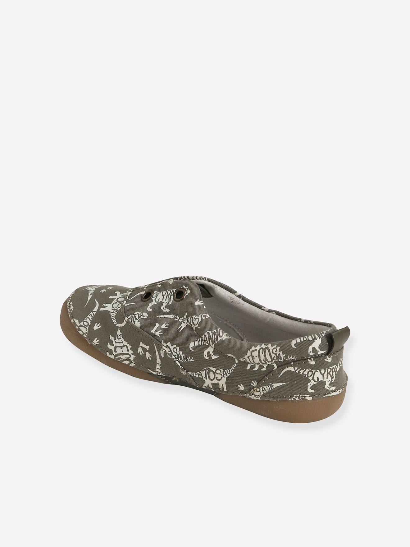 Chaussons élastiqués garçon en toile imprimé phosphorescent kaki dinosaure