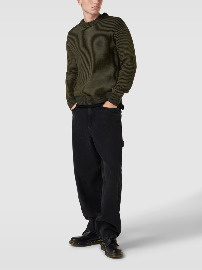Strickpullover in Two-Tone-Machart Modell 'Crew pullover' in olivgrün